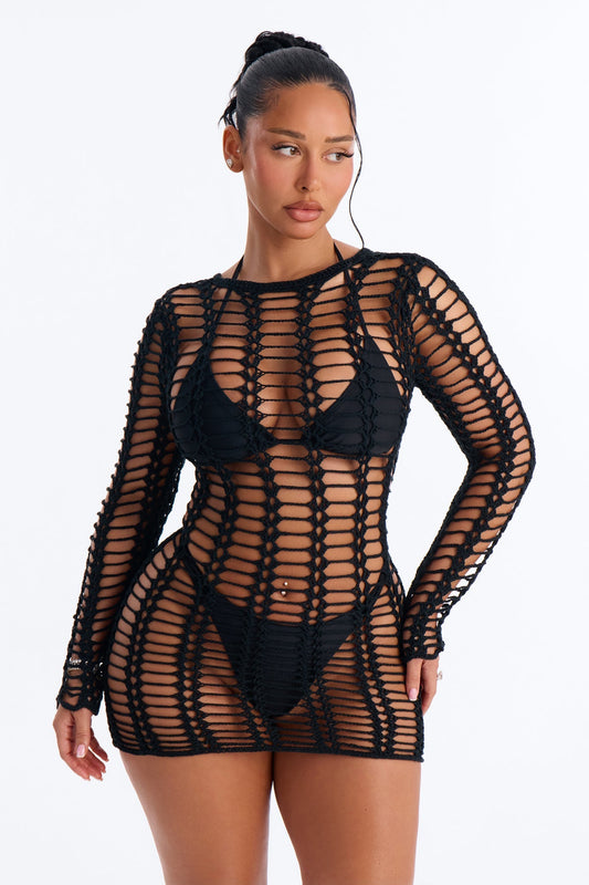 Beach Bound Crochet Long Sleeve Mini Cover Up Dress - Black