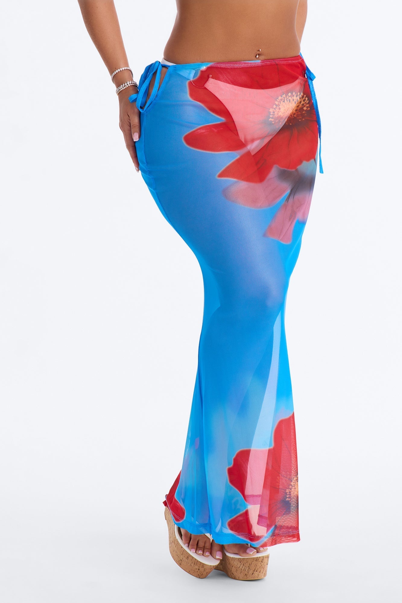 Blue Lagoon Floral Mesh Cover Up Skirt - Blue/combo NEWFASHIONEDGE