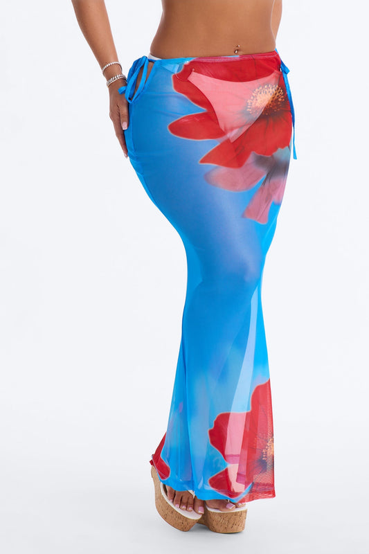 Blue Lagoon Floral Mesh Cover Up Skirt - Blue/combo NEWFASHIONEDGE
