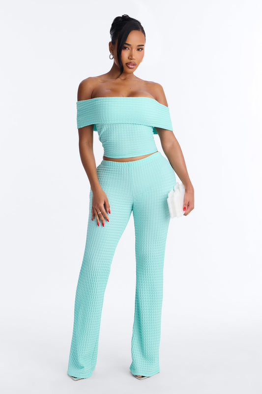 Nicole Textured Off Shoulder Pant Set - Aqua