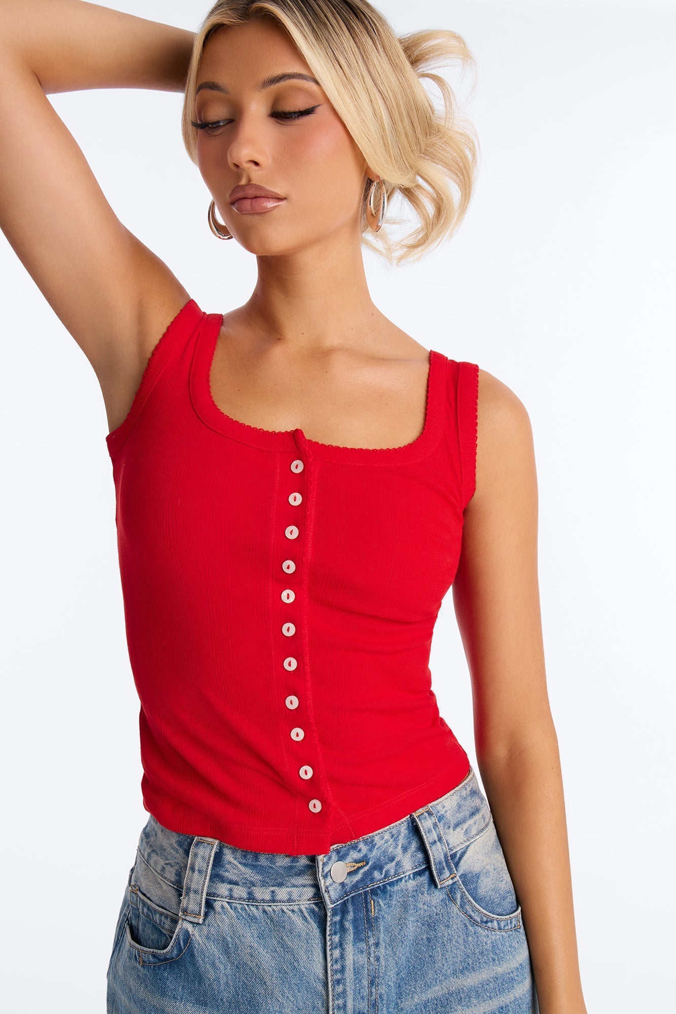 Pointelle Button Front Scoop Neck Tank Top - Red