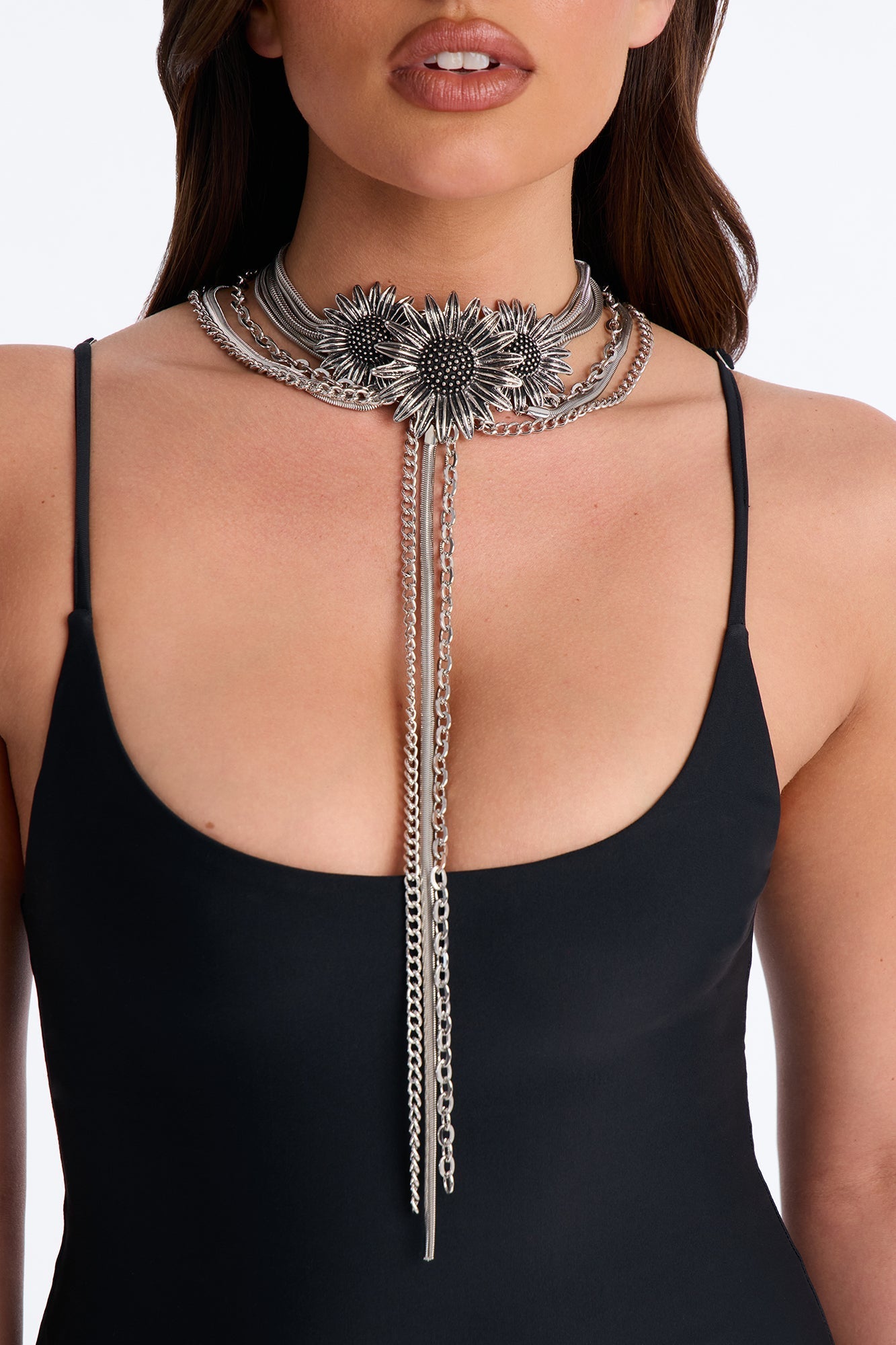 Meadow Sunflower Lariat Layered Neckalce - Silver NEWFASHIONEDGE