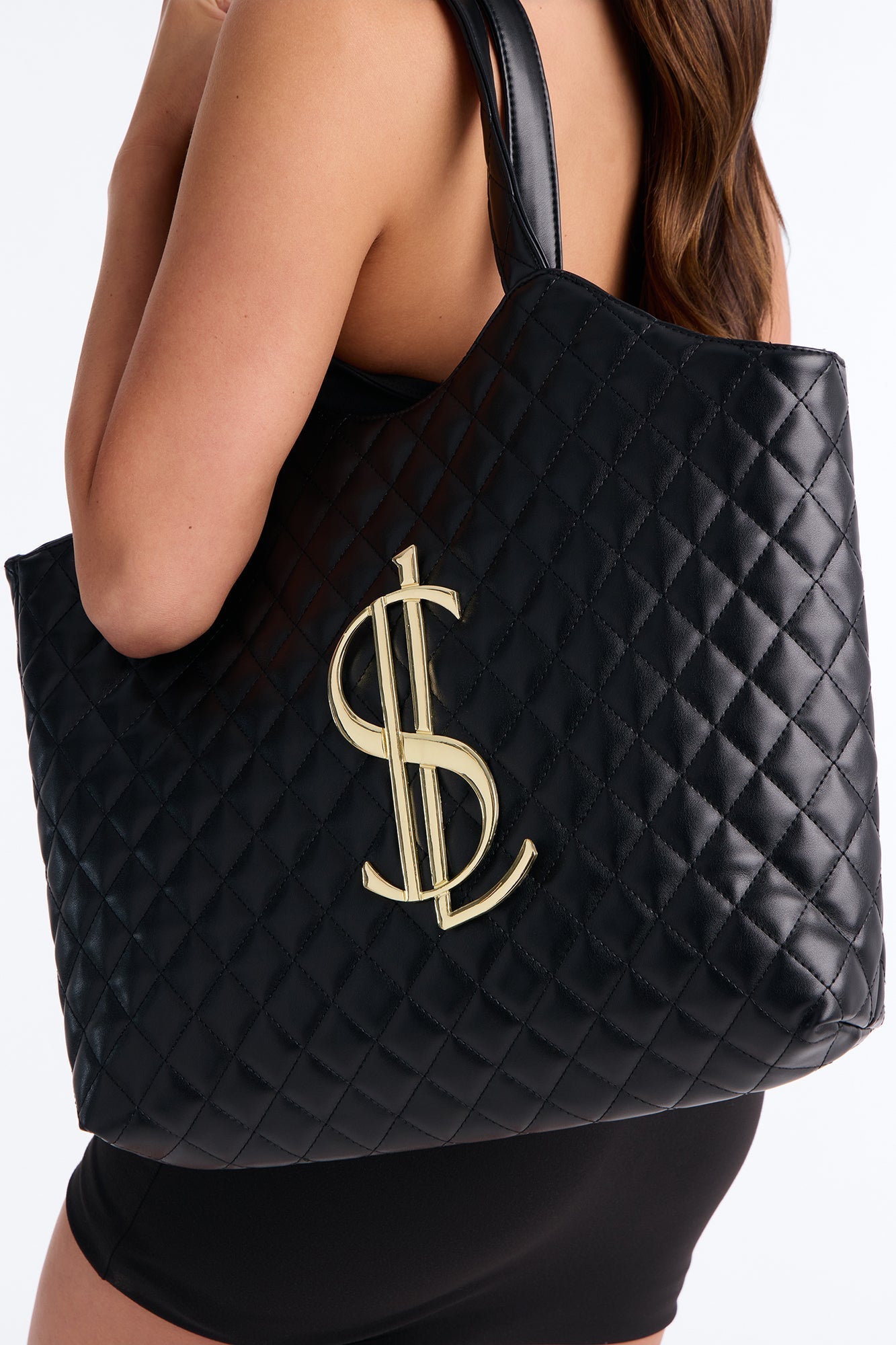 In Big Action Faux Leather Tote And Pouch - Black NEWFASHIONEDGE