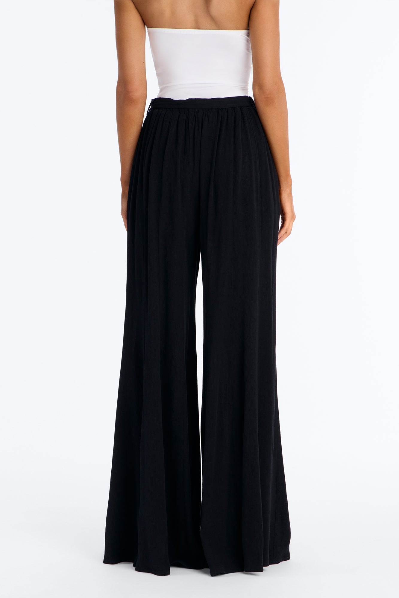 Kelsey Mid Rise Tie Waist Flowy Wide Leg Pant 34″ - Black