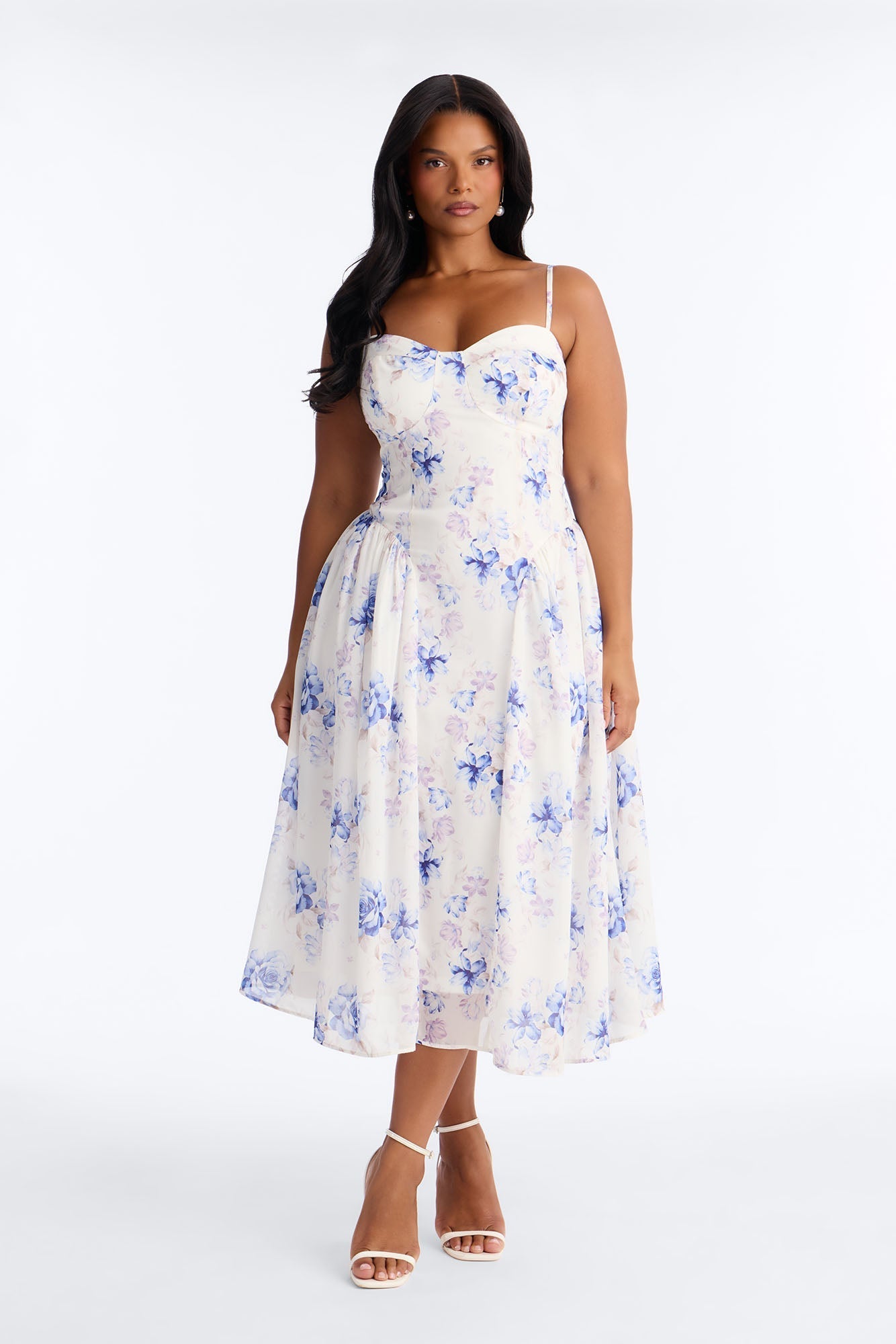 Ariana Floral Chiffon Midi Dress - White/Blue