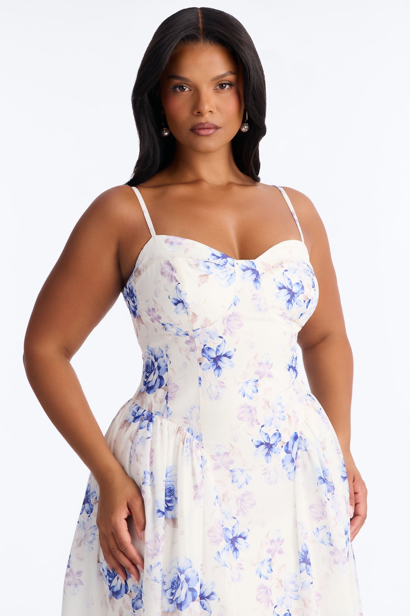 Ariana Floral Chiffon Midi Dress - White/Blue