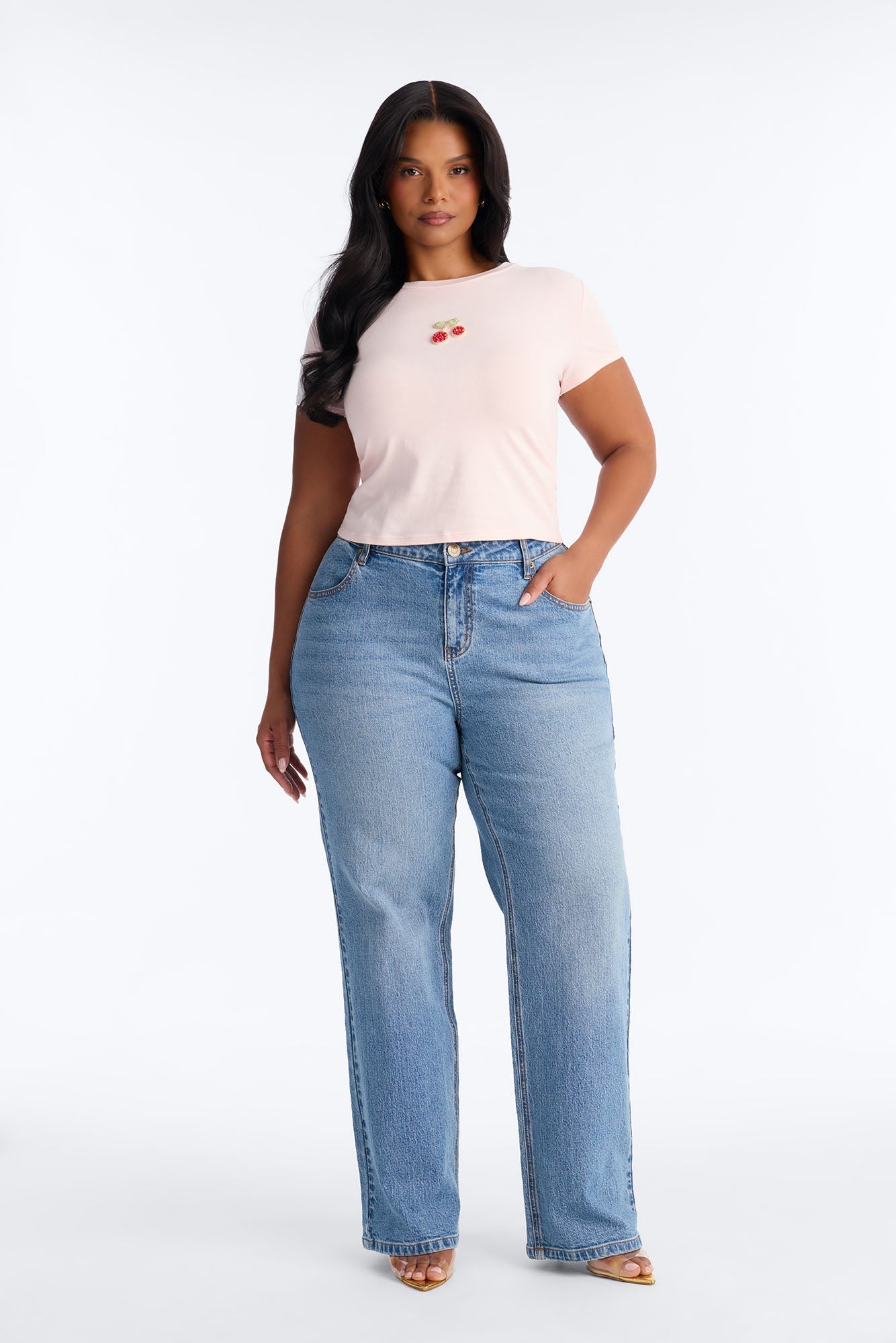 Cherry Embellished Baby Tee - Light Pink
