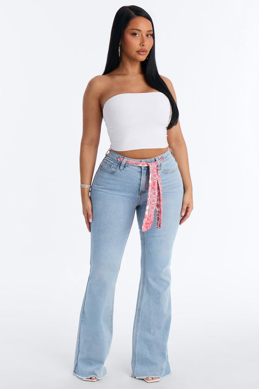 Amore Mio Belted Scarf Flare Jeans - Light Wash