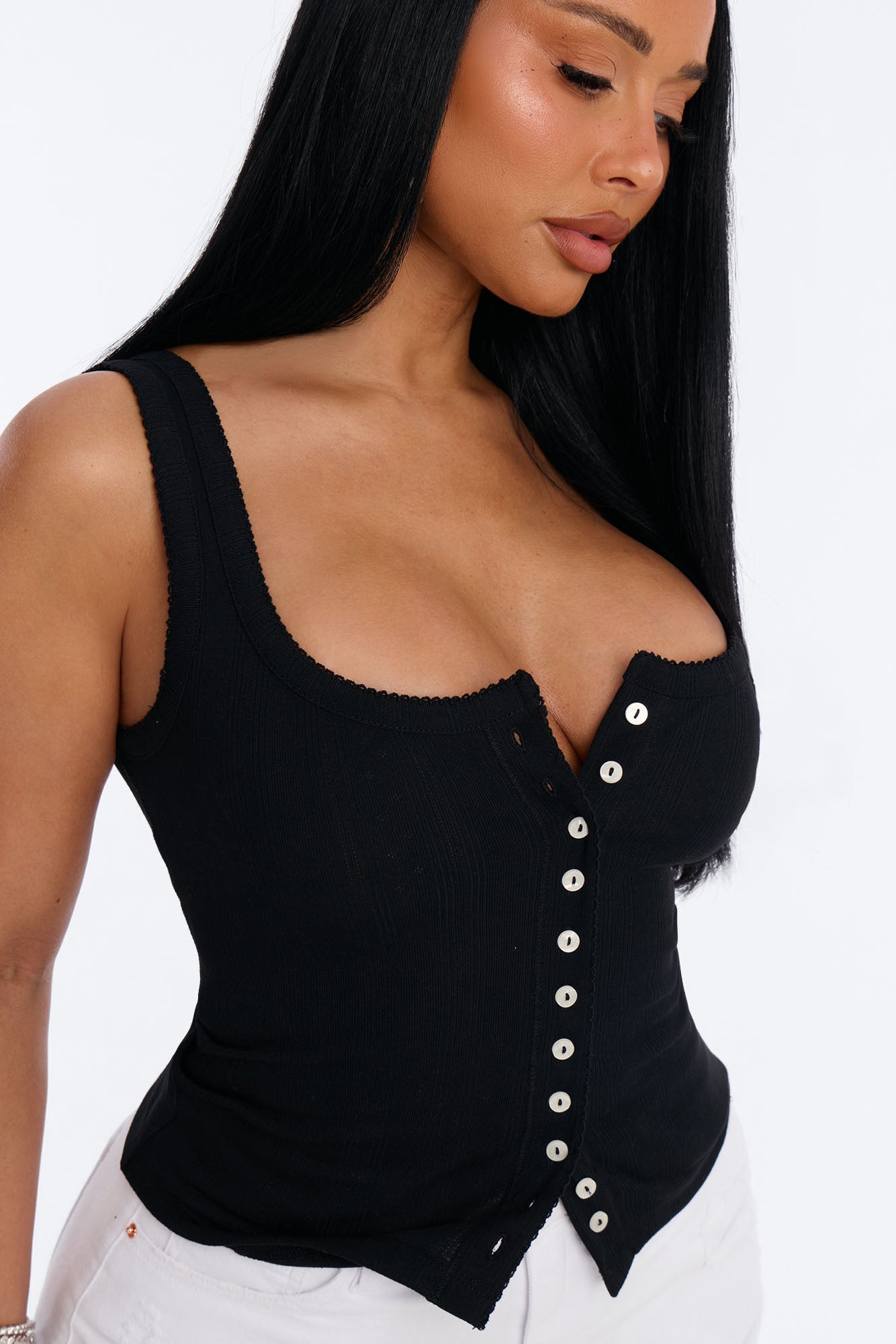 Pointelle Button Front Scoop Neck Tank Top - Black