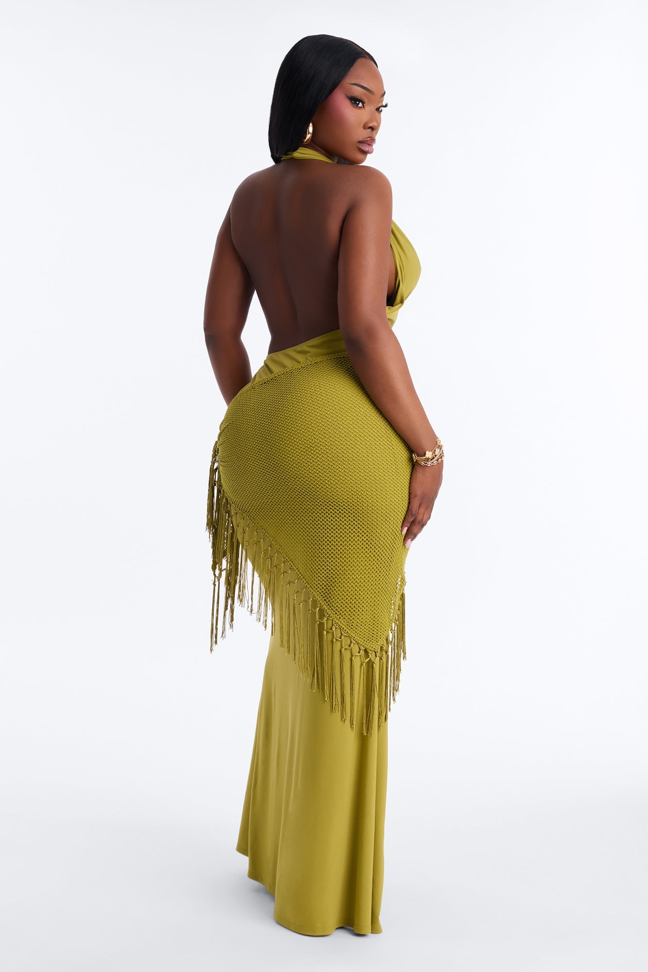 Santorini 2 Piece Fringe Scarf Maxi Dress - Chartreuse NEWFASHIONEDGE