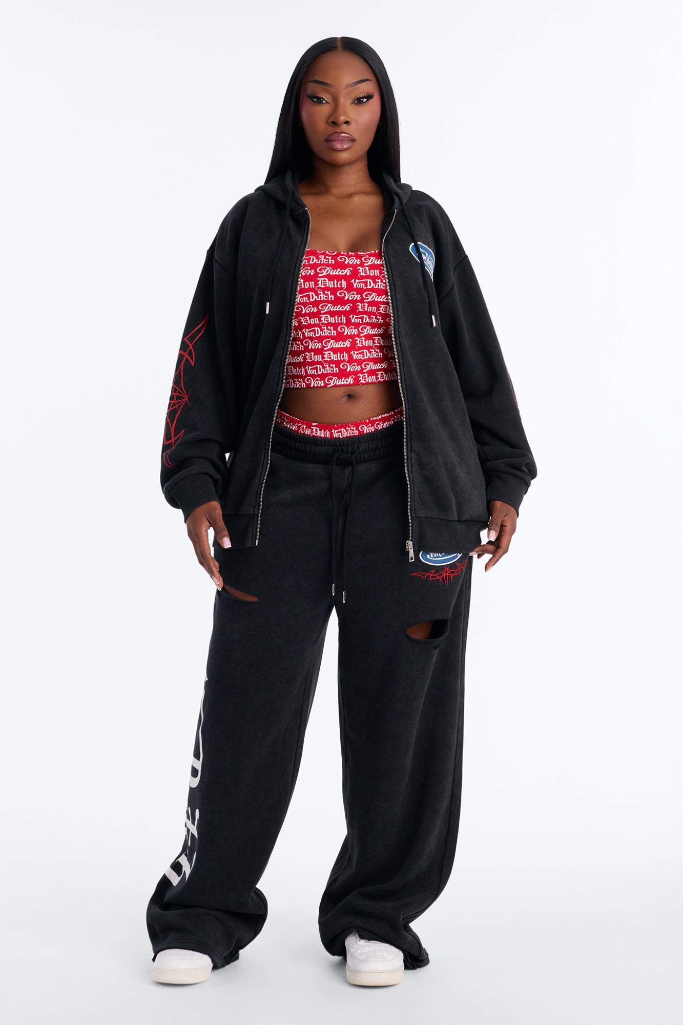 Von Dutch Logo Washed Zip Up Hoodie - Black Wash