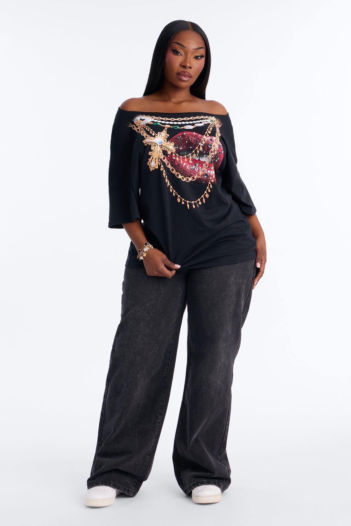 Gold Lips Off Shoulder Tee - Black NEWFASHIONEDGE