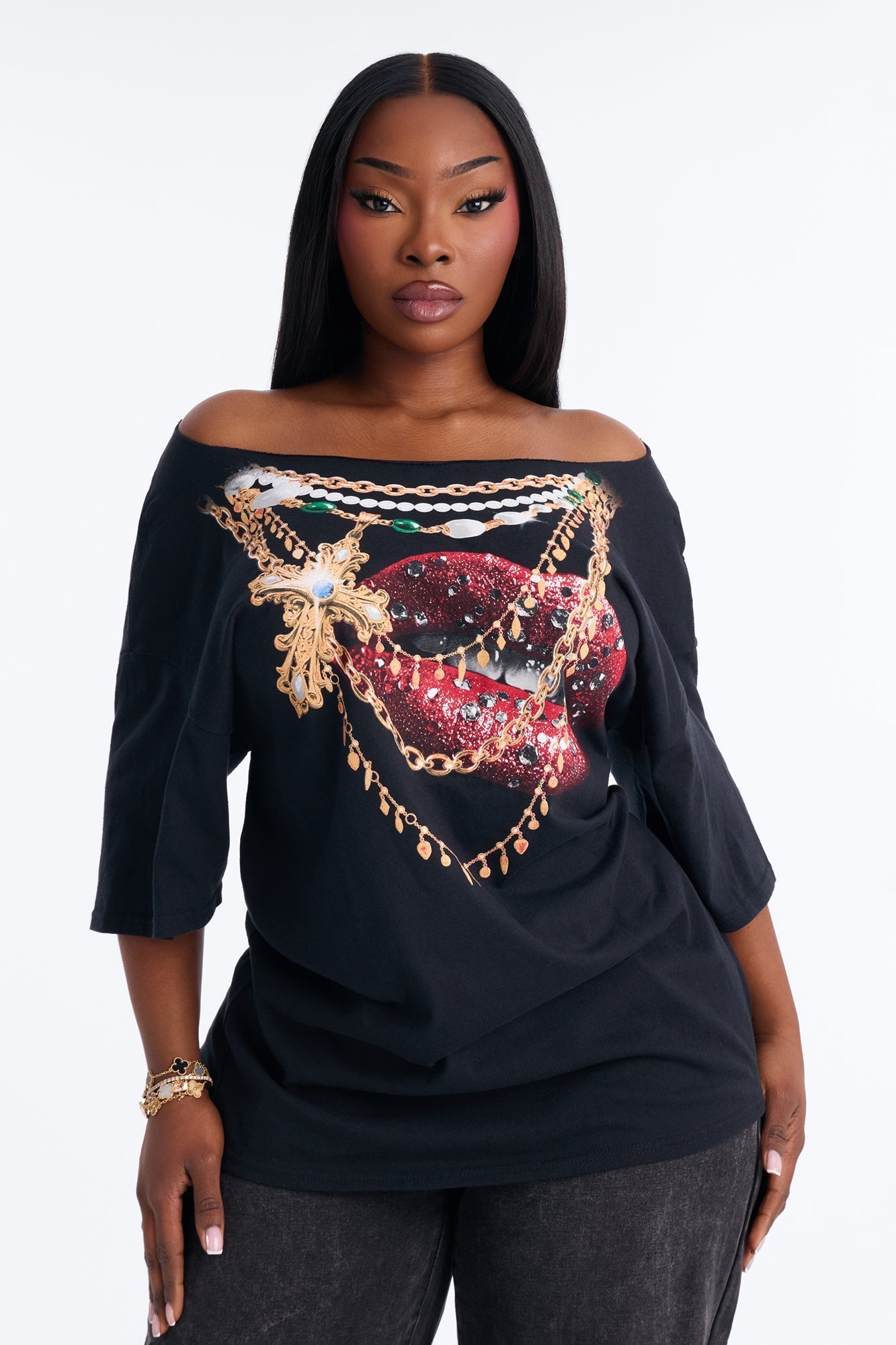 Gold Lips Off Shoulder Tee - Black NEWFASHIONEDGE