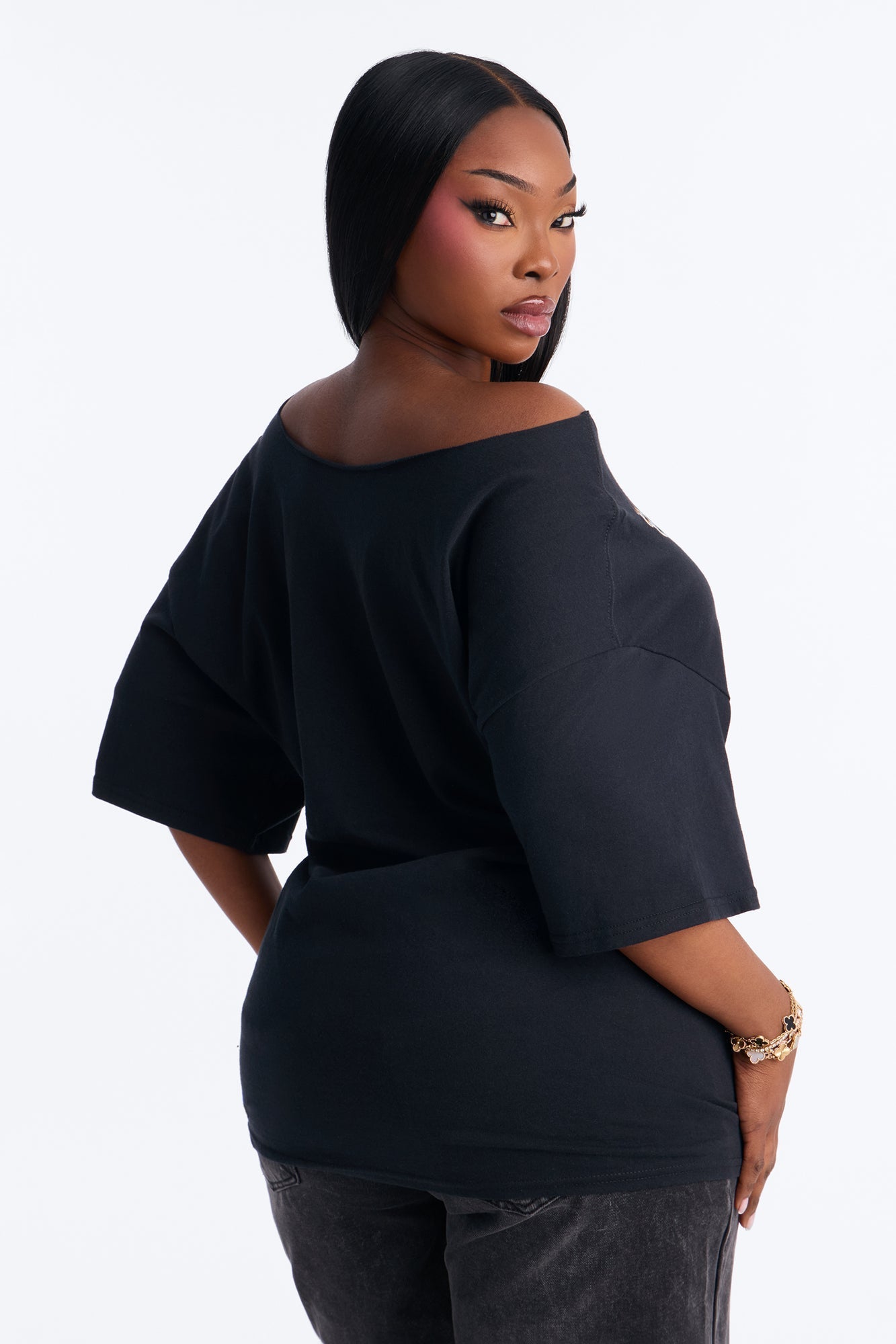 Gold Lips Off Shoulder Tee - Black NEWFASHIONEDGE
