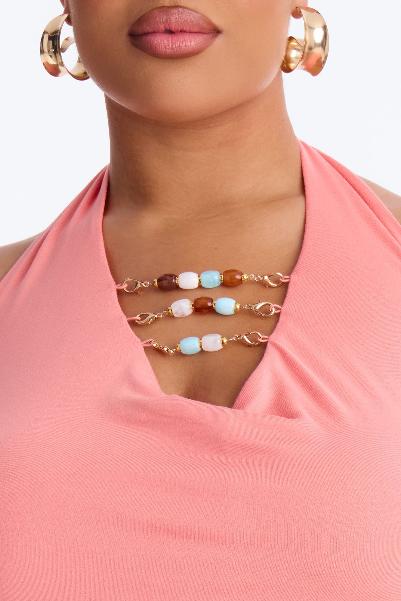Cabo Nights Beaded Cowl Neck Halter Top - Coral