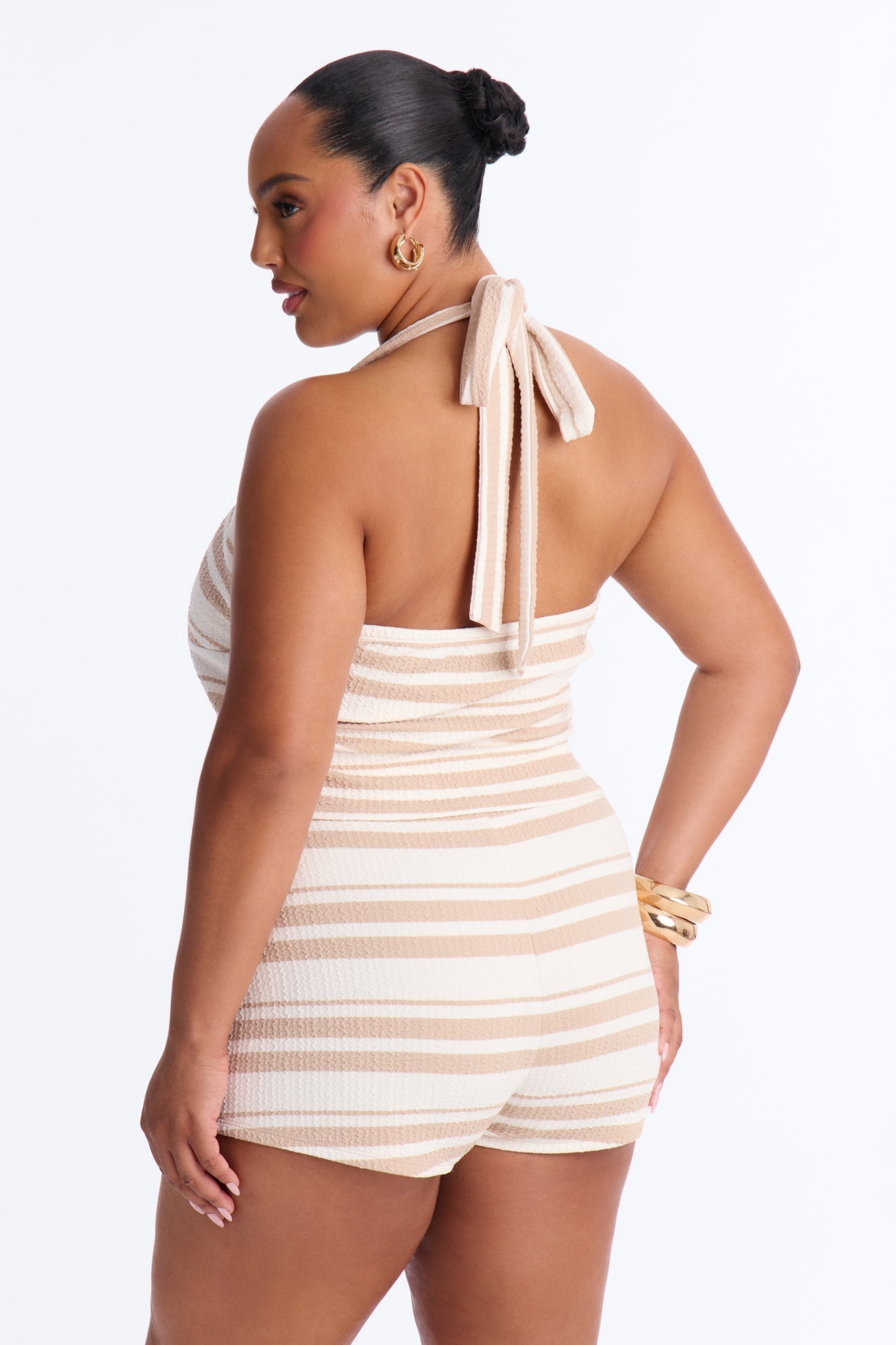 Ayla Textured Stripe Micro Short Set - Tan Fashion Nova