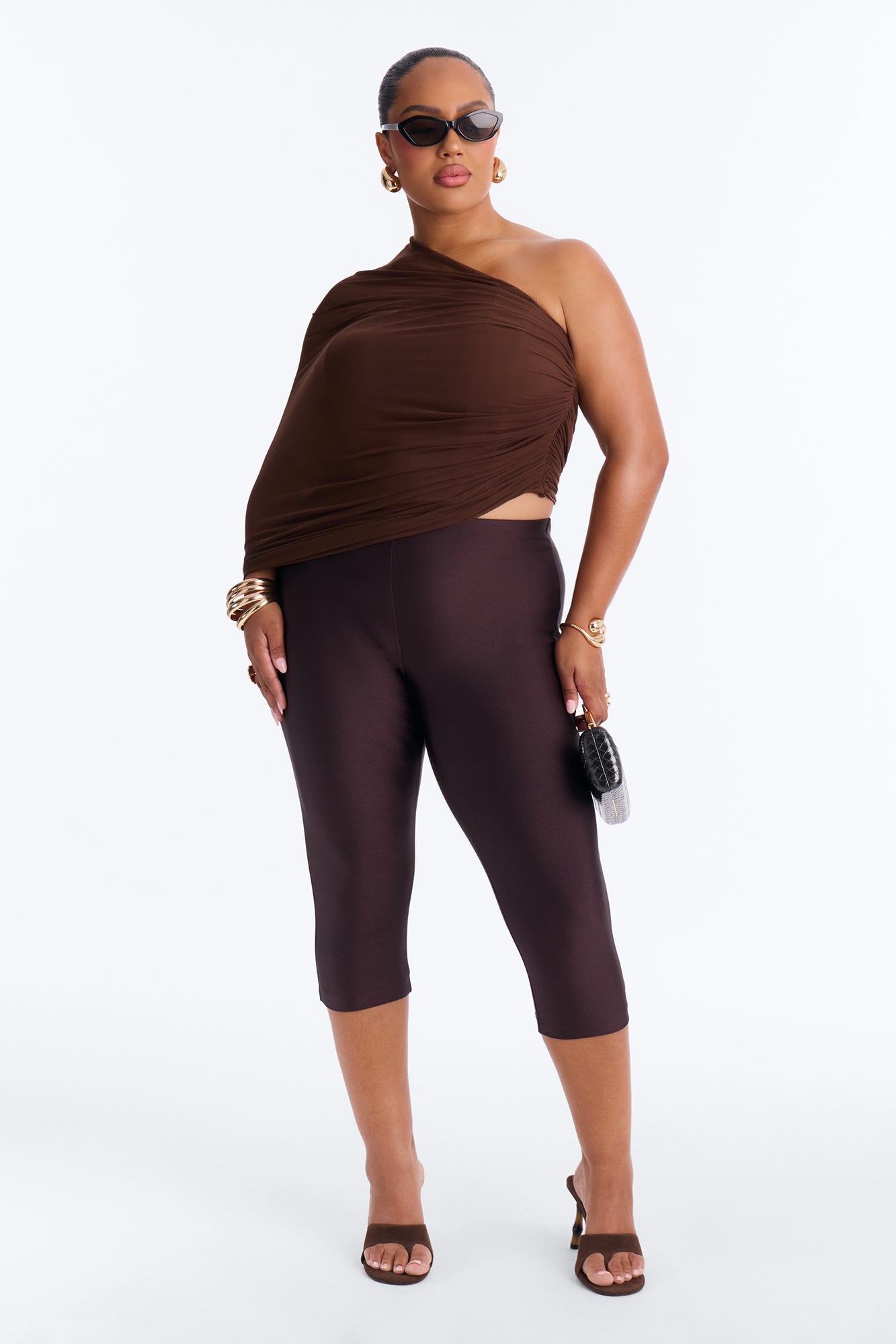 Melissa Ruched Mesh One Shoulder Double Layer Corset Top - Brown