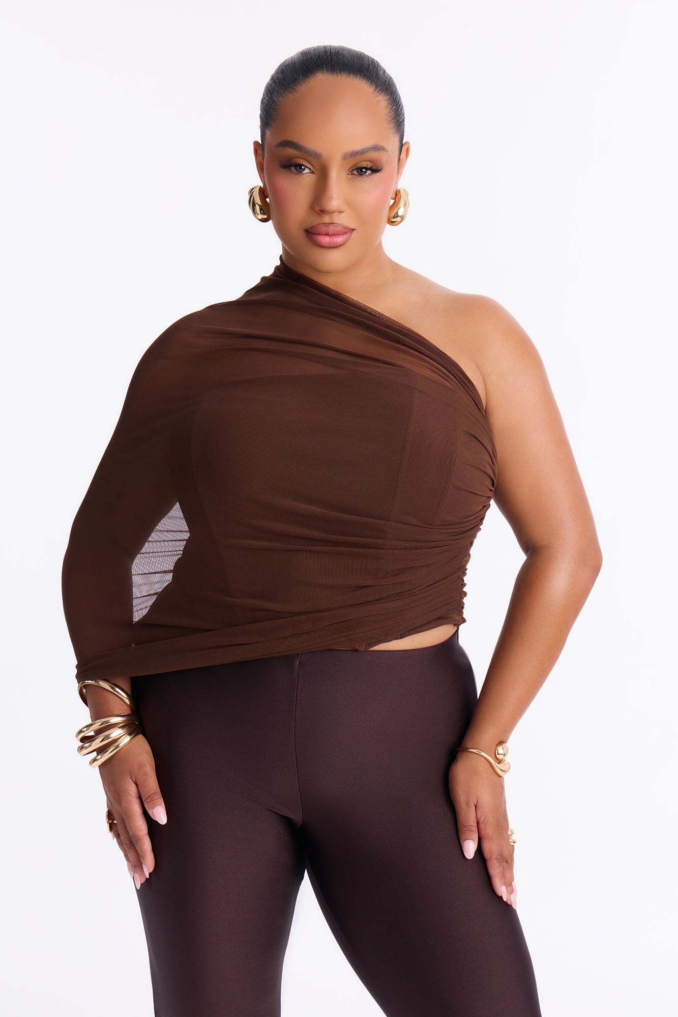 Melissa Ruched Mesh One Shoulder Double Layer Corset Top - Brown