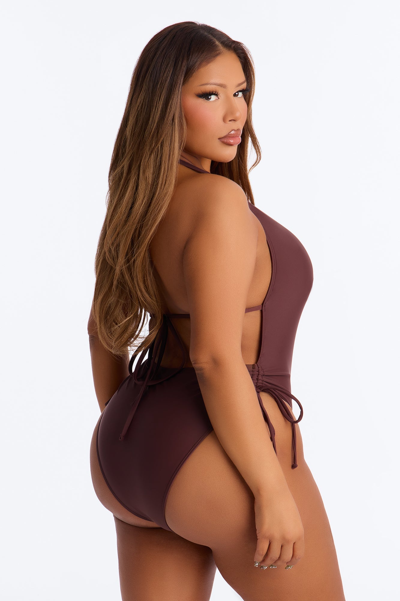 Paige Hardware Deep V-Neck Side Ruching 1 Piece Swimsuit - Brown