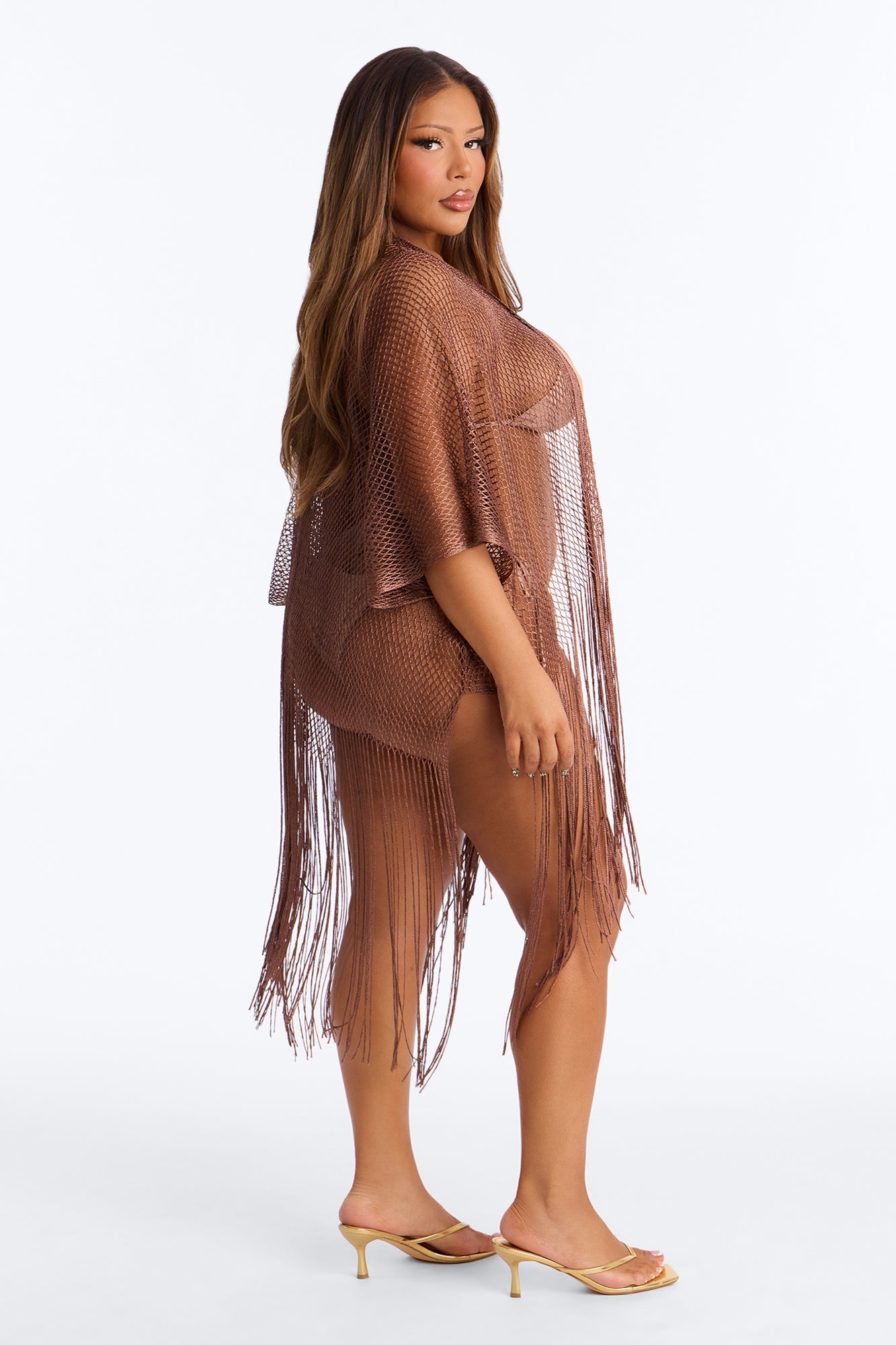 Paula Shimmer Fringe Swim Cover Up Kimono - Bronze NEWFASHIONEDGE