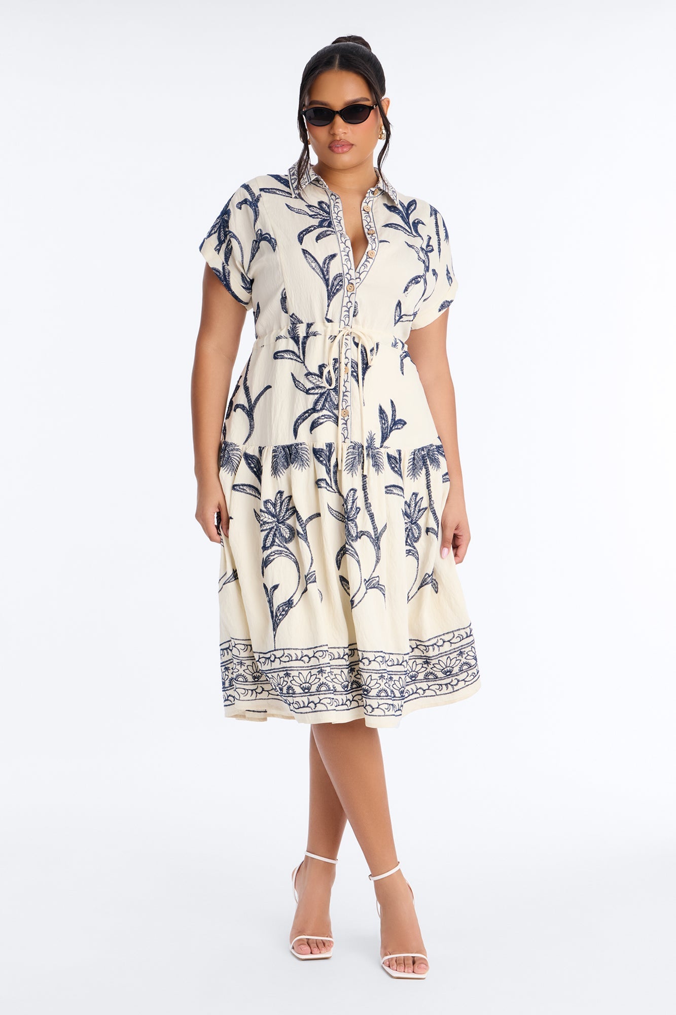 Maria Embroidered Midi Dress - White/Blue