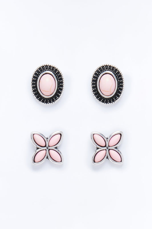 Jeweled Stone 2 Pair Earring Set - Silver/Combo