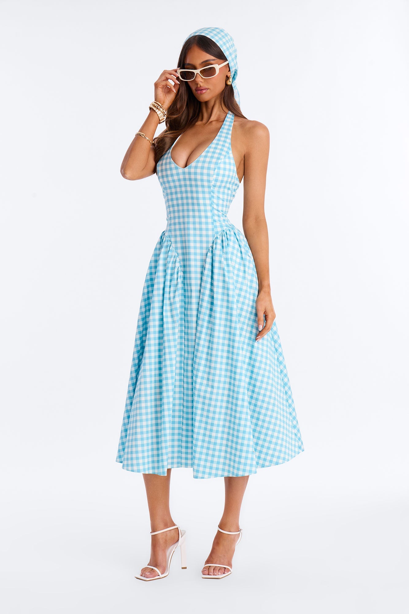 Mara Corset Gingham Midi Dress - Blue/combo Fashion Nova