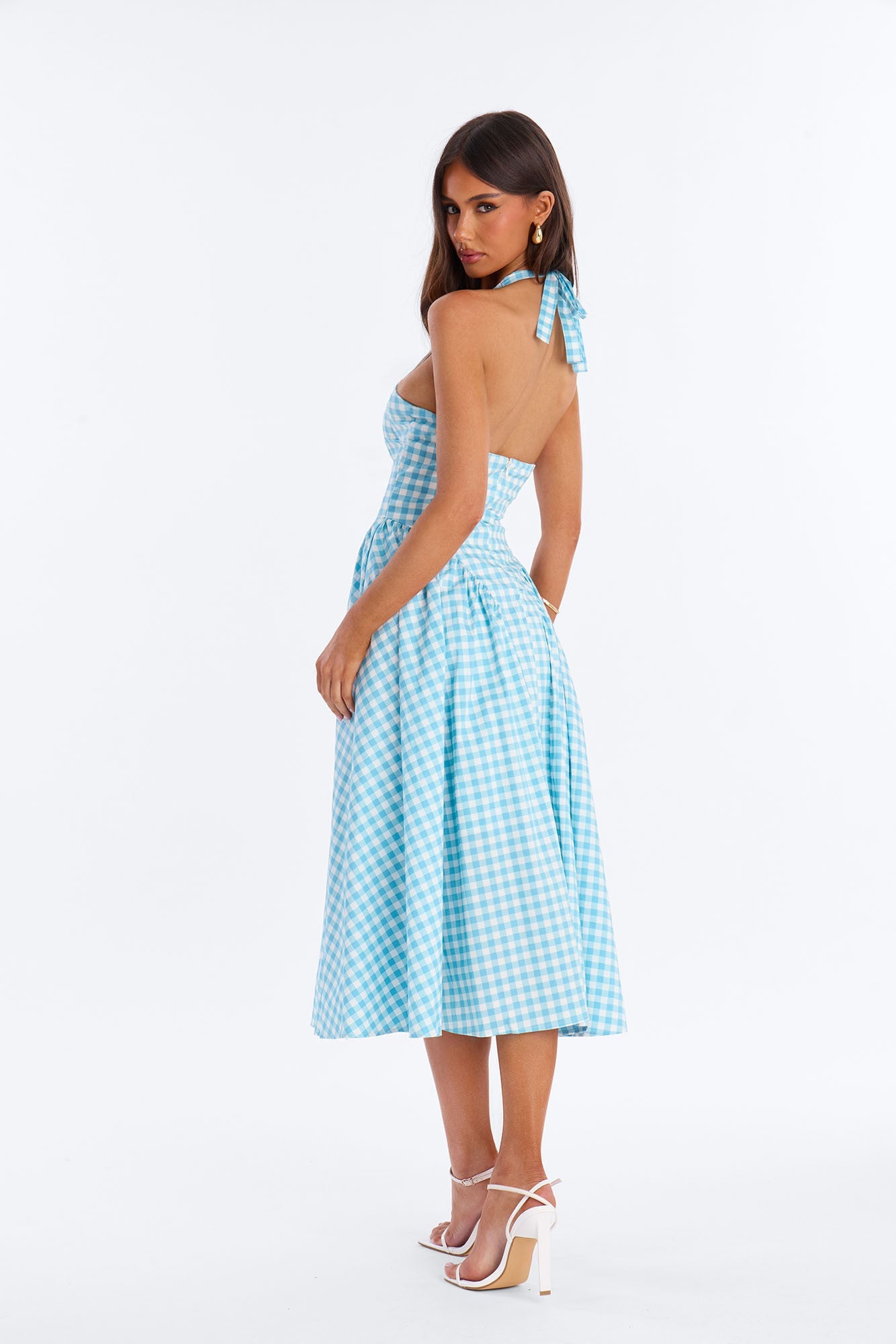 Mara Corset Gingham Midi Dress - Blue/combo Fashion Nova
