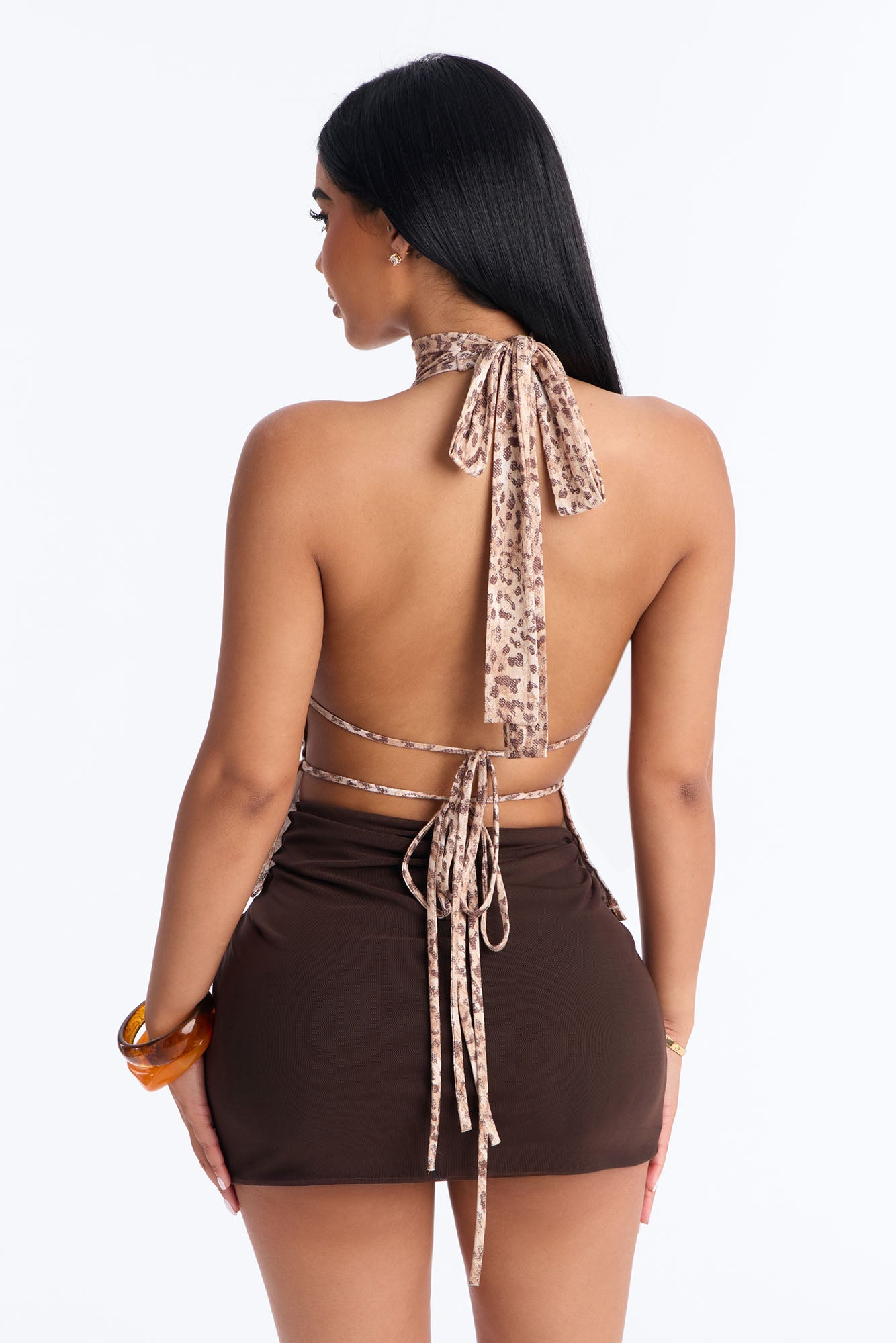 Fierce Attraction High Neck Flyaway Halter Top - Taupe/combo