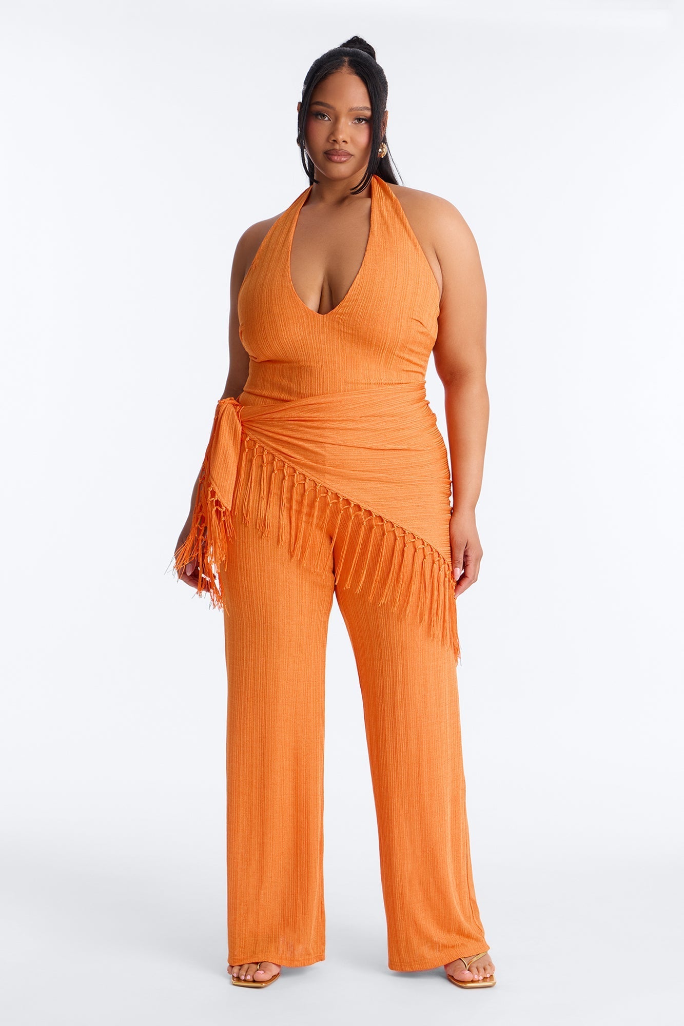 Too Chic Jumpsuit And Waist Scarf Set - Orange