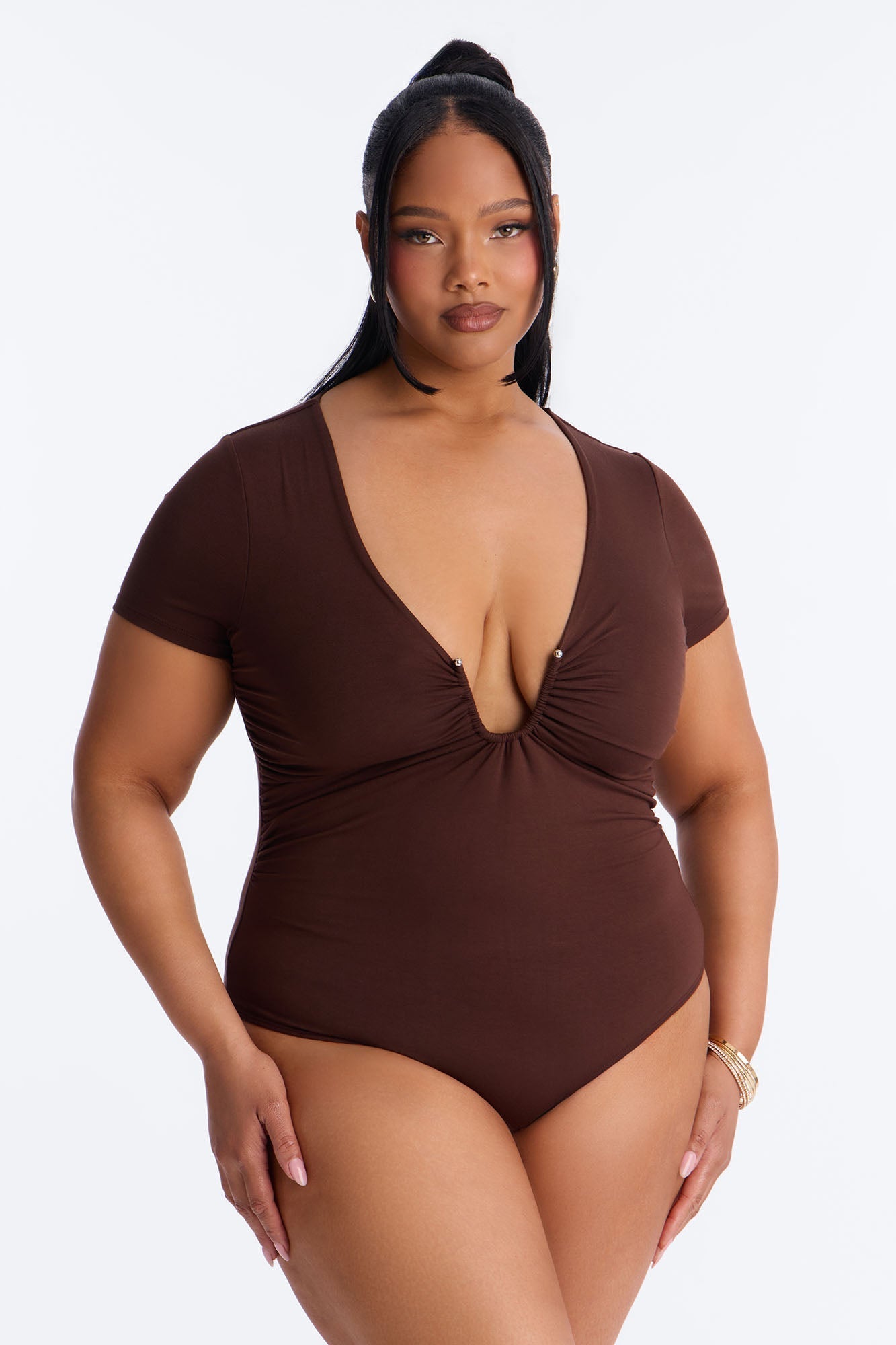Danielle Deep V Neck Short Sleeve Bodysuit - Brown NEWFASHIONEDGE