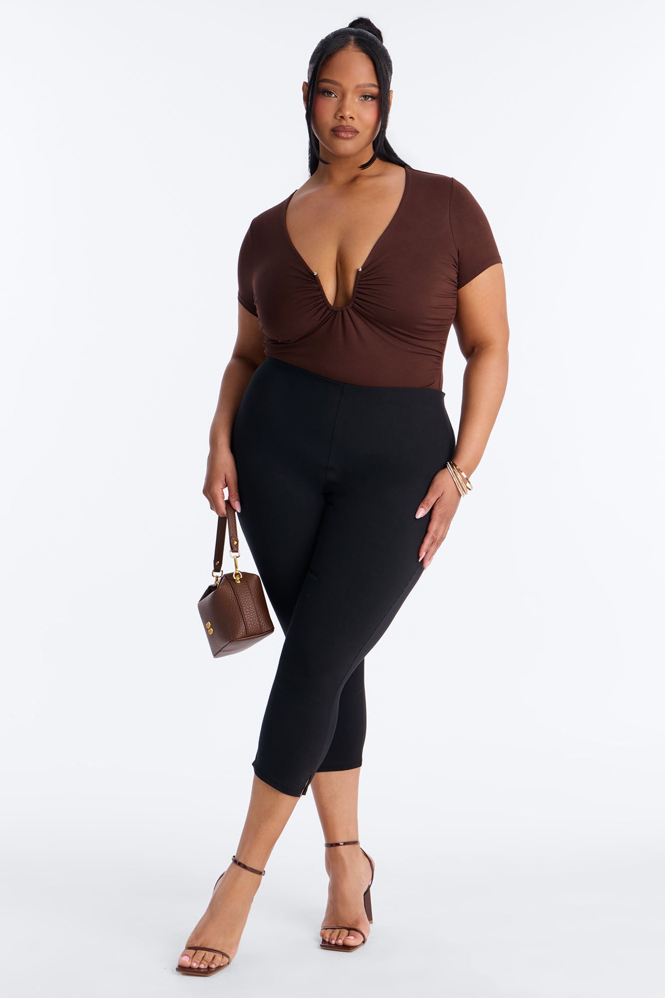 Danielle Deep V Neck Short Sleeve Bodysuit - Brown NEWFASHIONEDGE