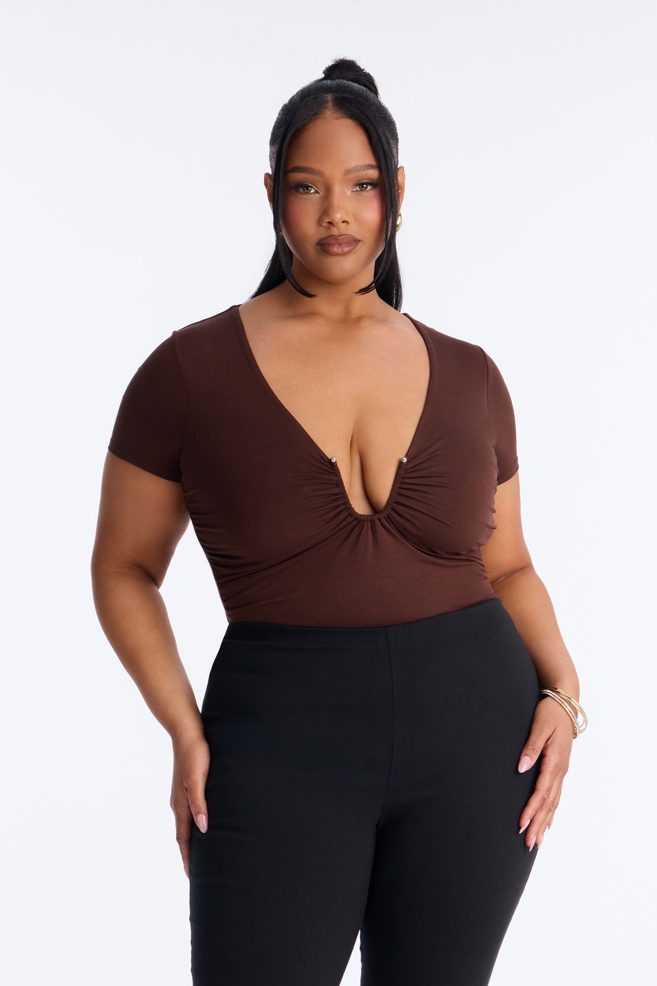 Danielle Deep V Neck Short Sleeve Bodysuit - Brown NEWFASHIONEDGE