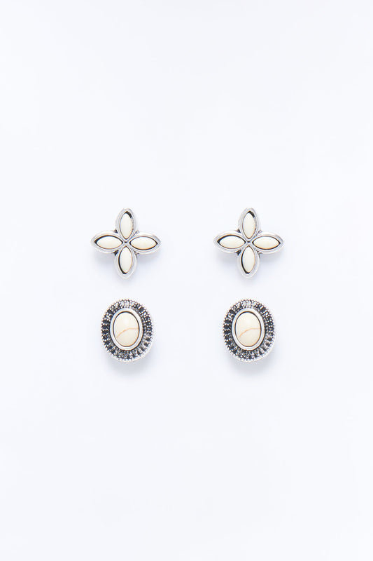 Jeweled Stone 2 Pair Earring Set - White/Silver