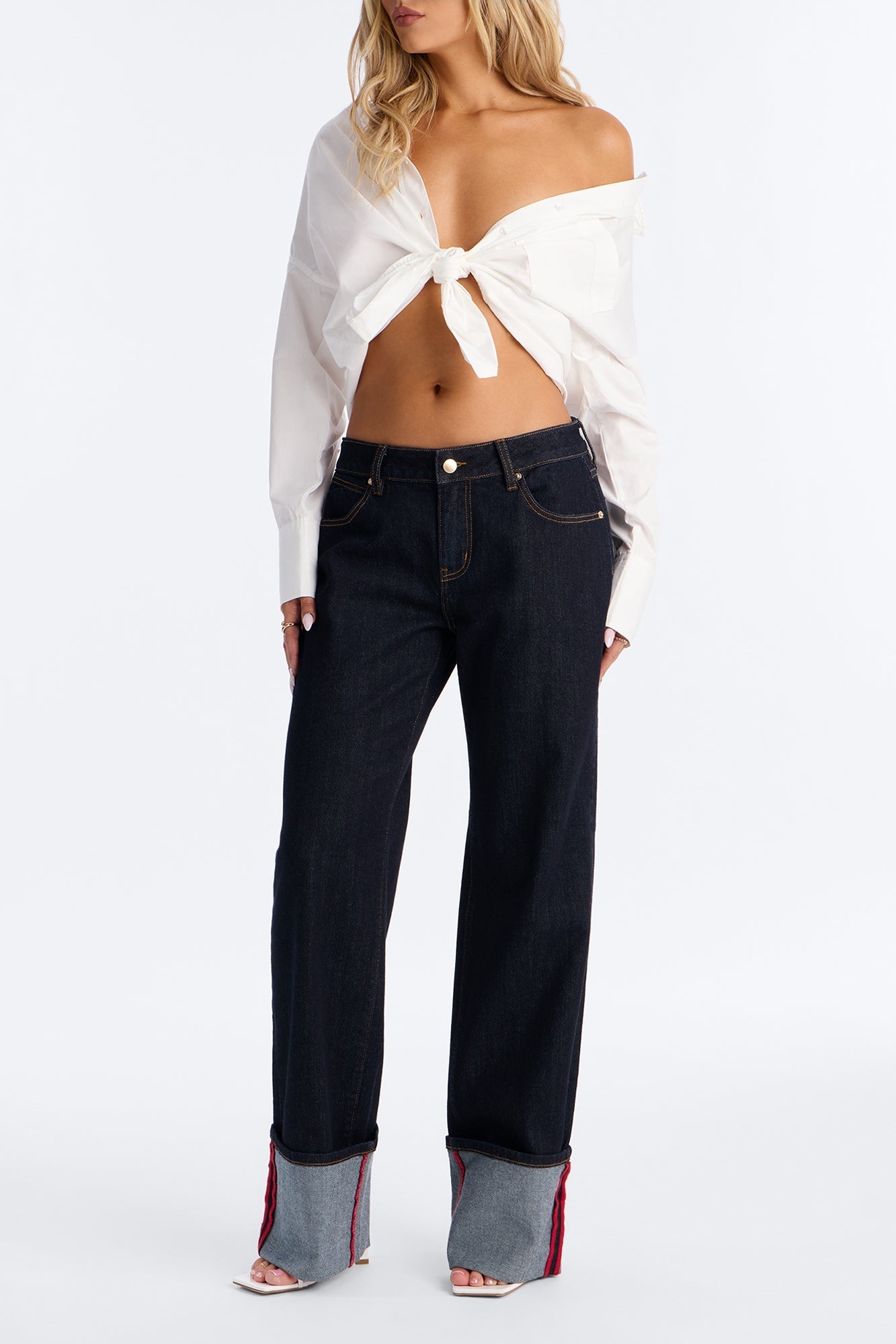 Turned Up Stretch Cuffed Straight Leg Jeans - Dark Wash