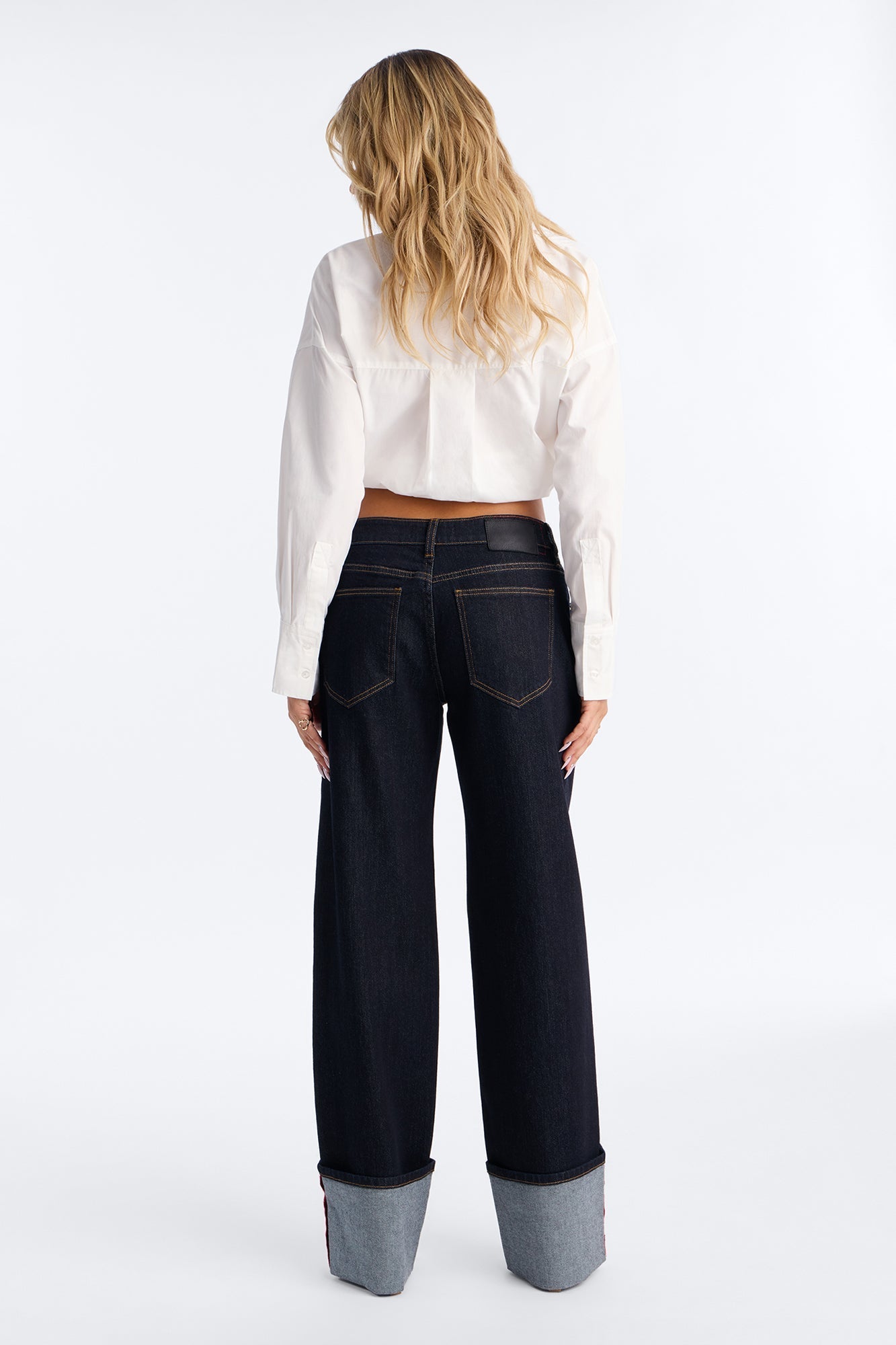 Turned Up Stretch Cuffed Straight Leg Jeans - Dark Wash