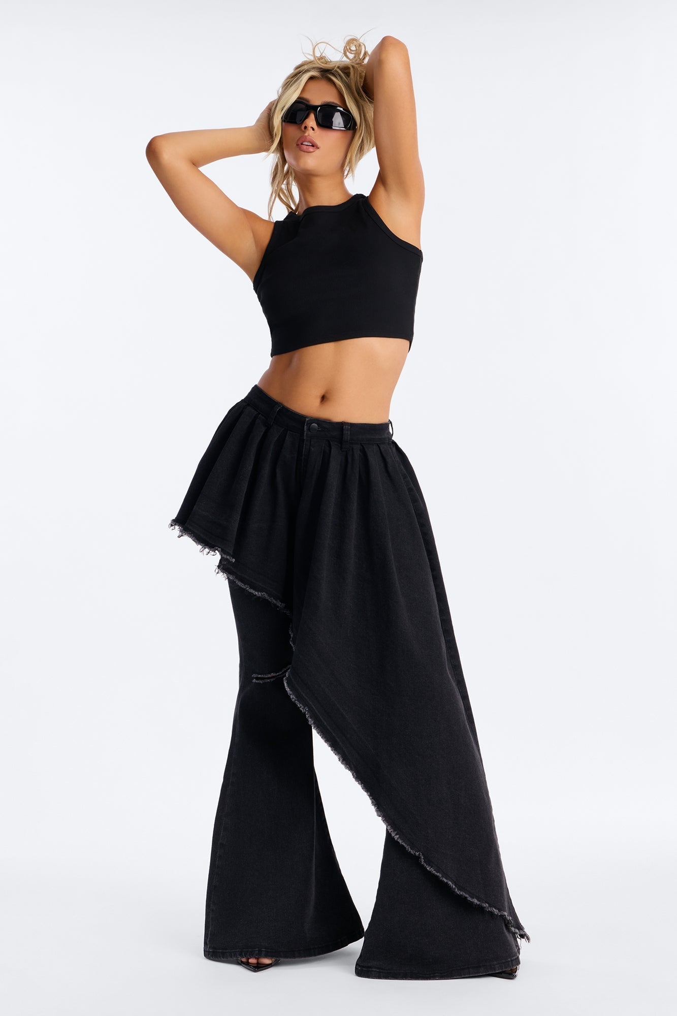 Attachment Issues Skirt Layer Ripped Stretch Flare Jeans - Black Wash