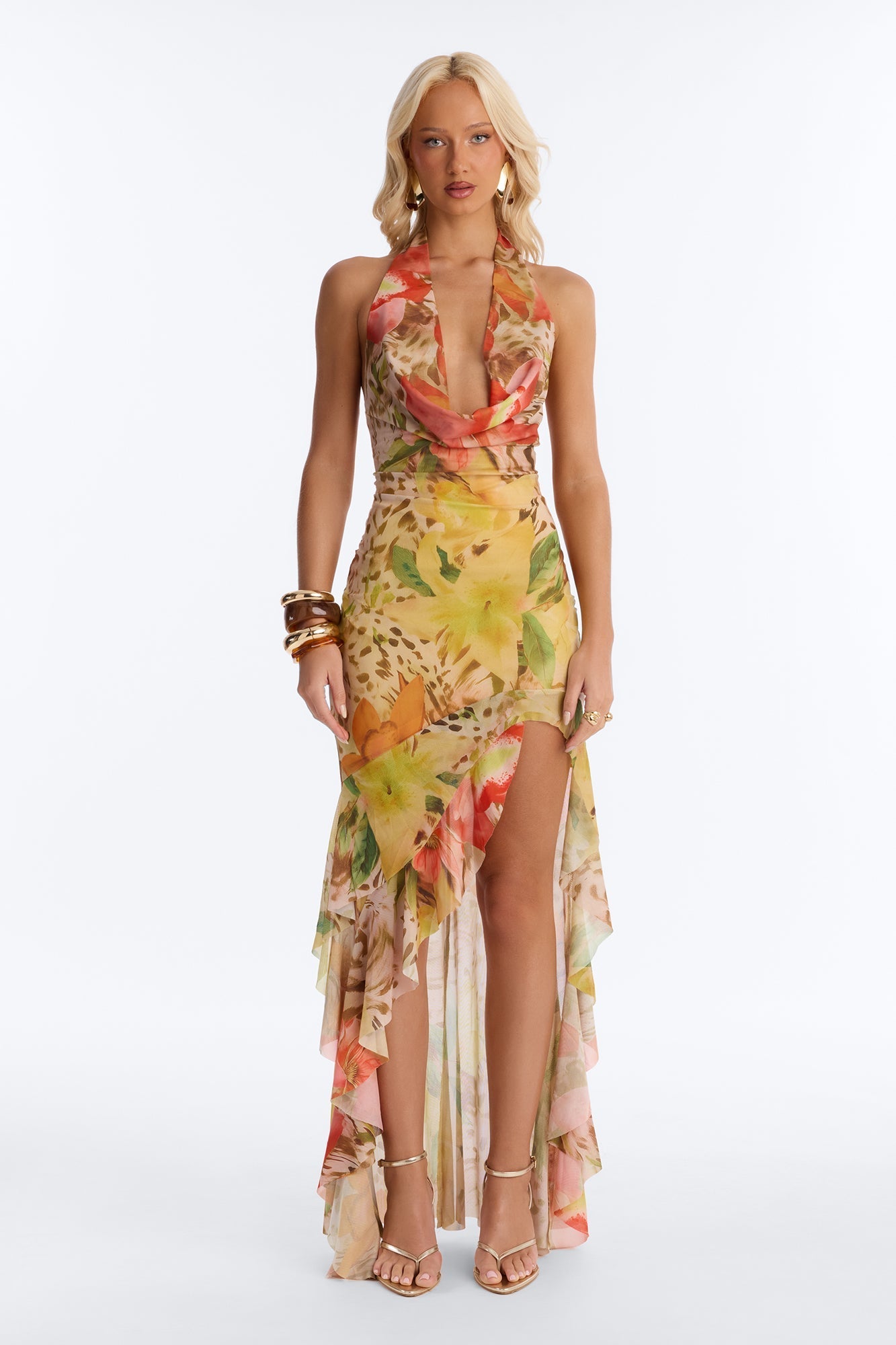 Tropic Energy Halter Mesh Maxi Dress - Yellow/combo NEWFASHIONEDGE