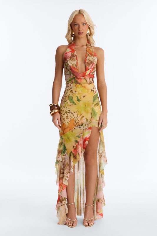 Tropic Energy Halter Mesh Maxi Dress - Yellow/combo NEWFASHIONEDGE