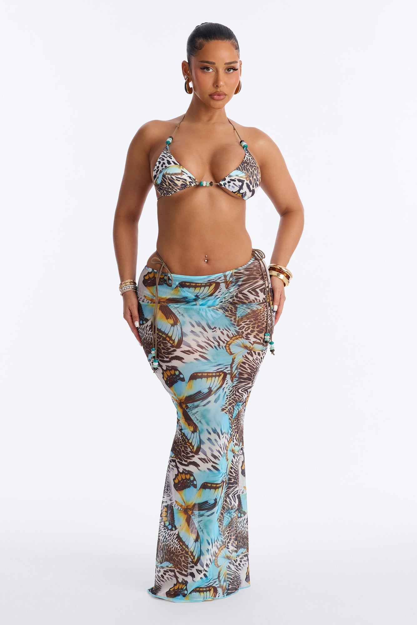Nila Mixed Beaded Print 3 Piece Triangle Bikini & Skirt Set - Blue/combo