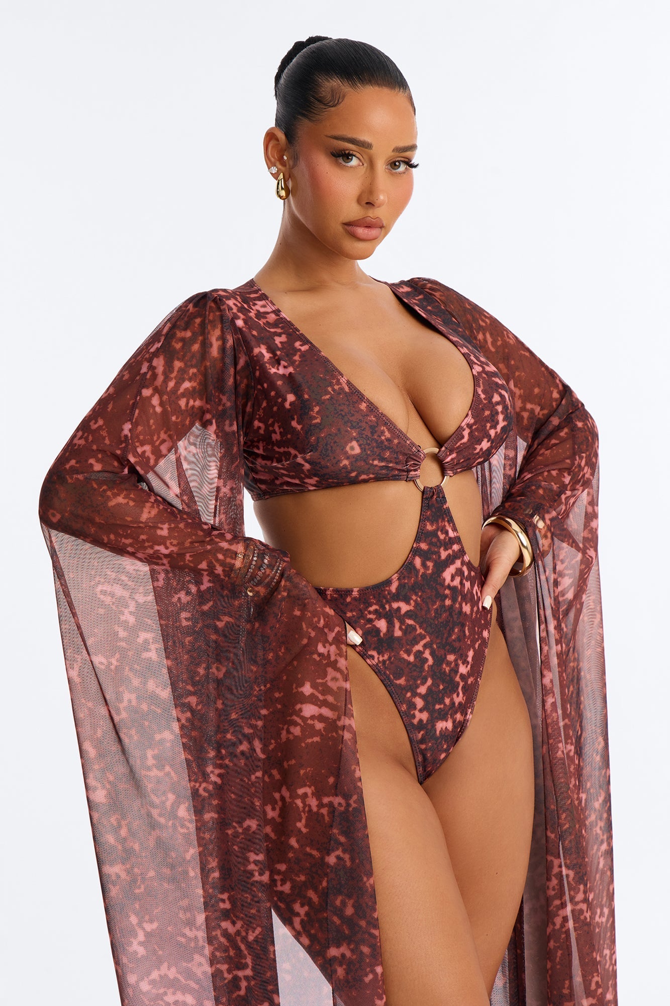 Expand My Horizons Flare Long Sleeves O-Ring Cut Out 1 Piece Swimsuit - Burgundy