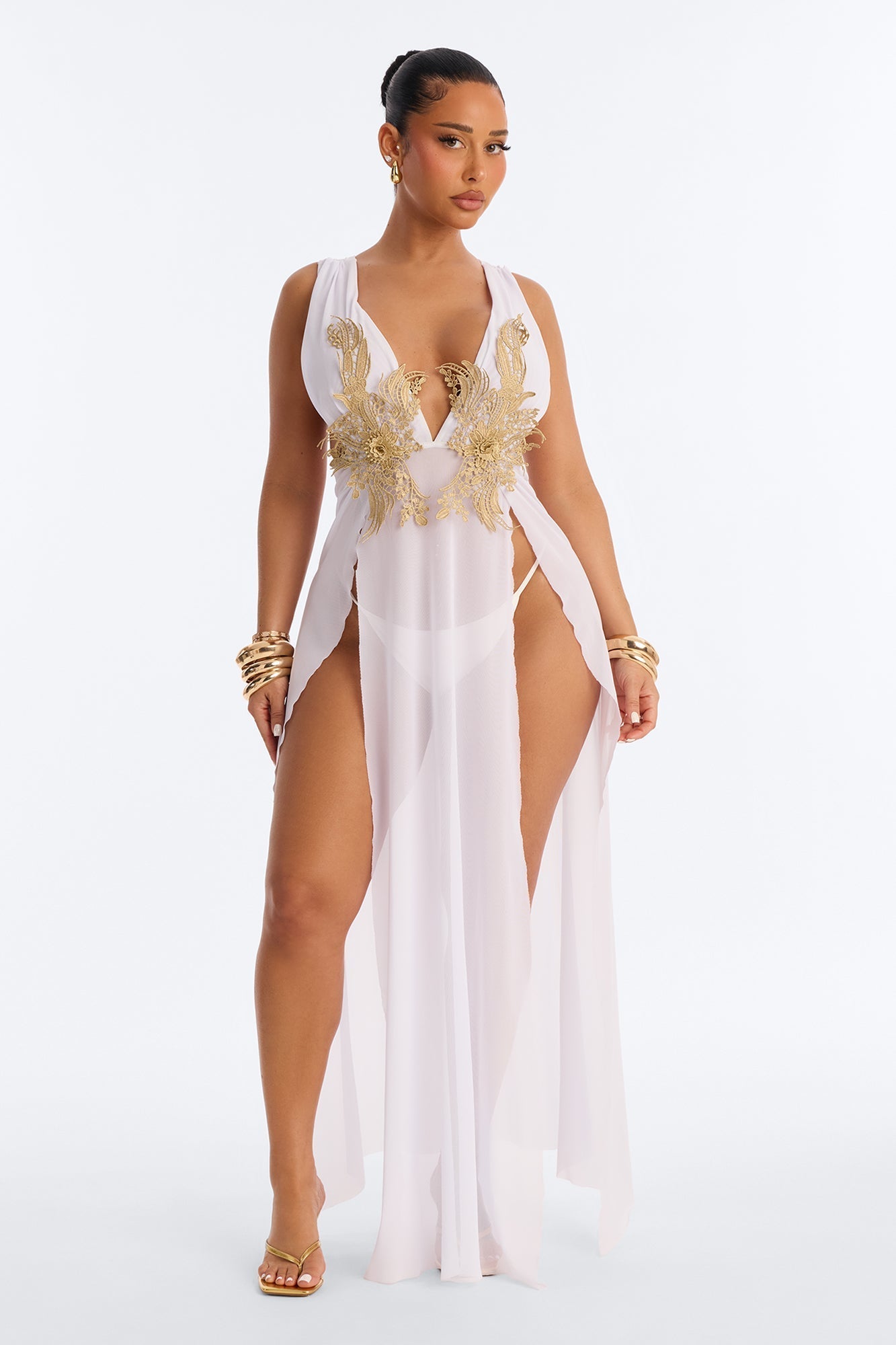 Leslie Applique High Slit Cover Up Dress - White
