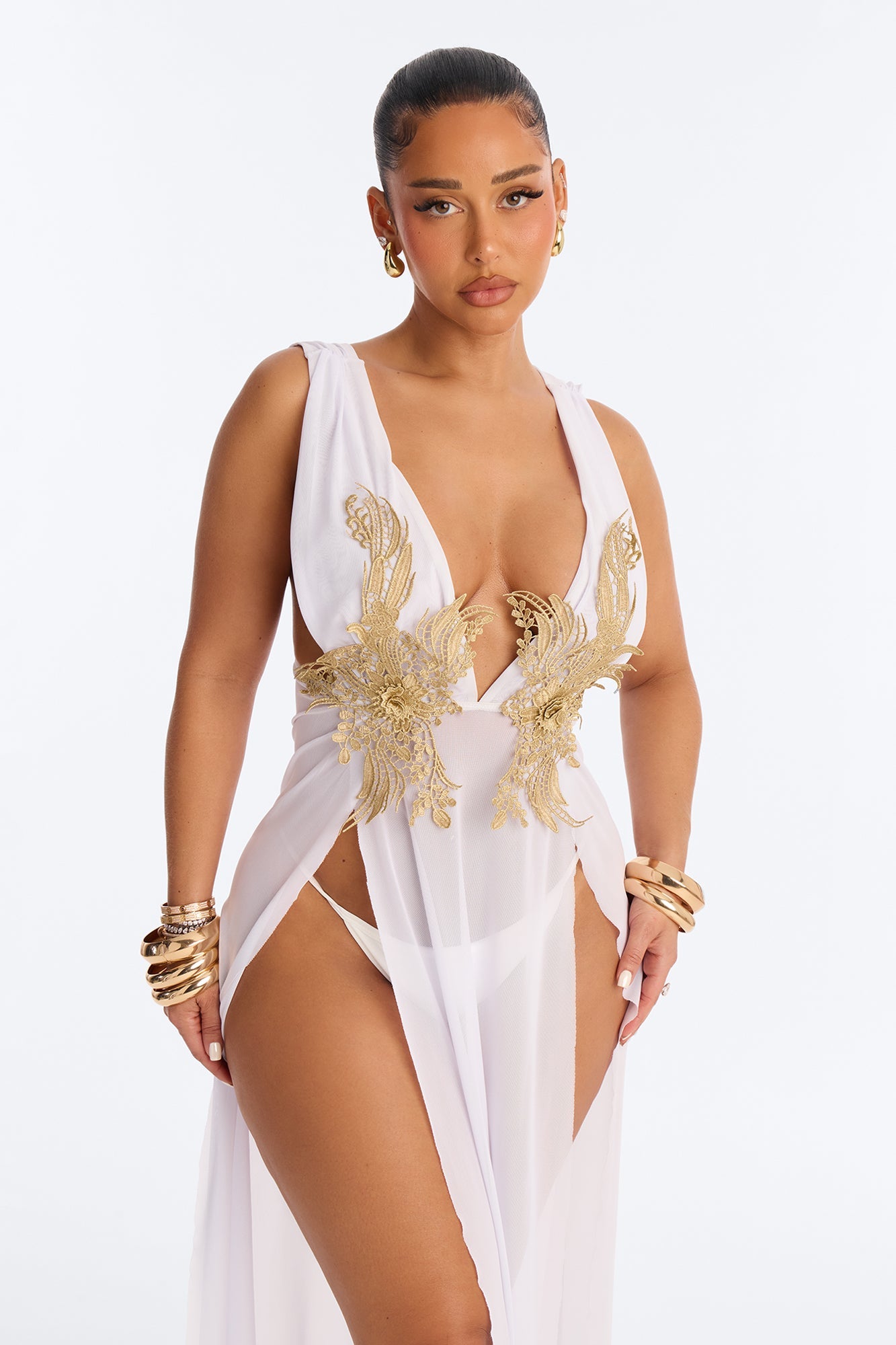 Leslie Applique High Slit Cover Up Dress - White