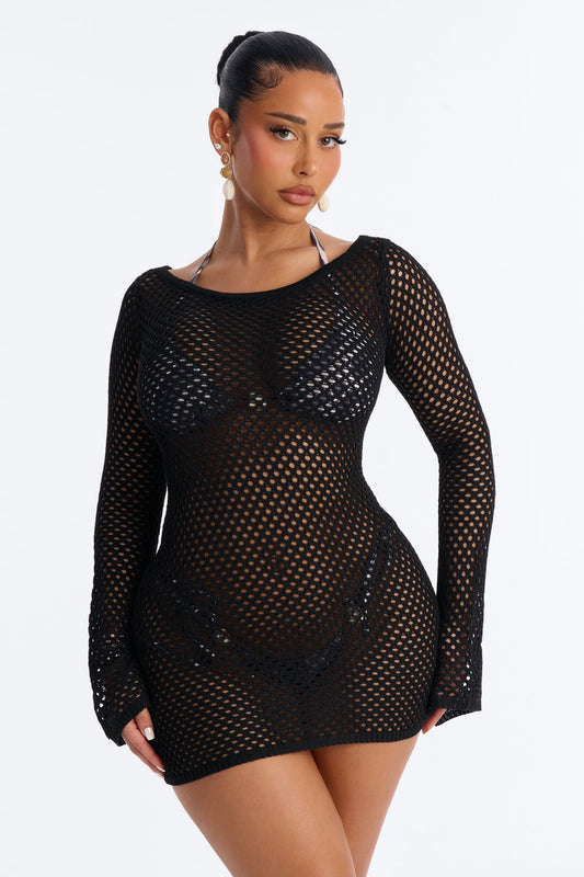 Cassie Crochet Deep Scoop Backless Cover Up Dress - Black