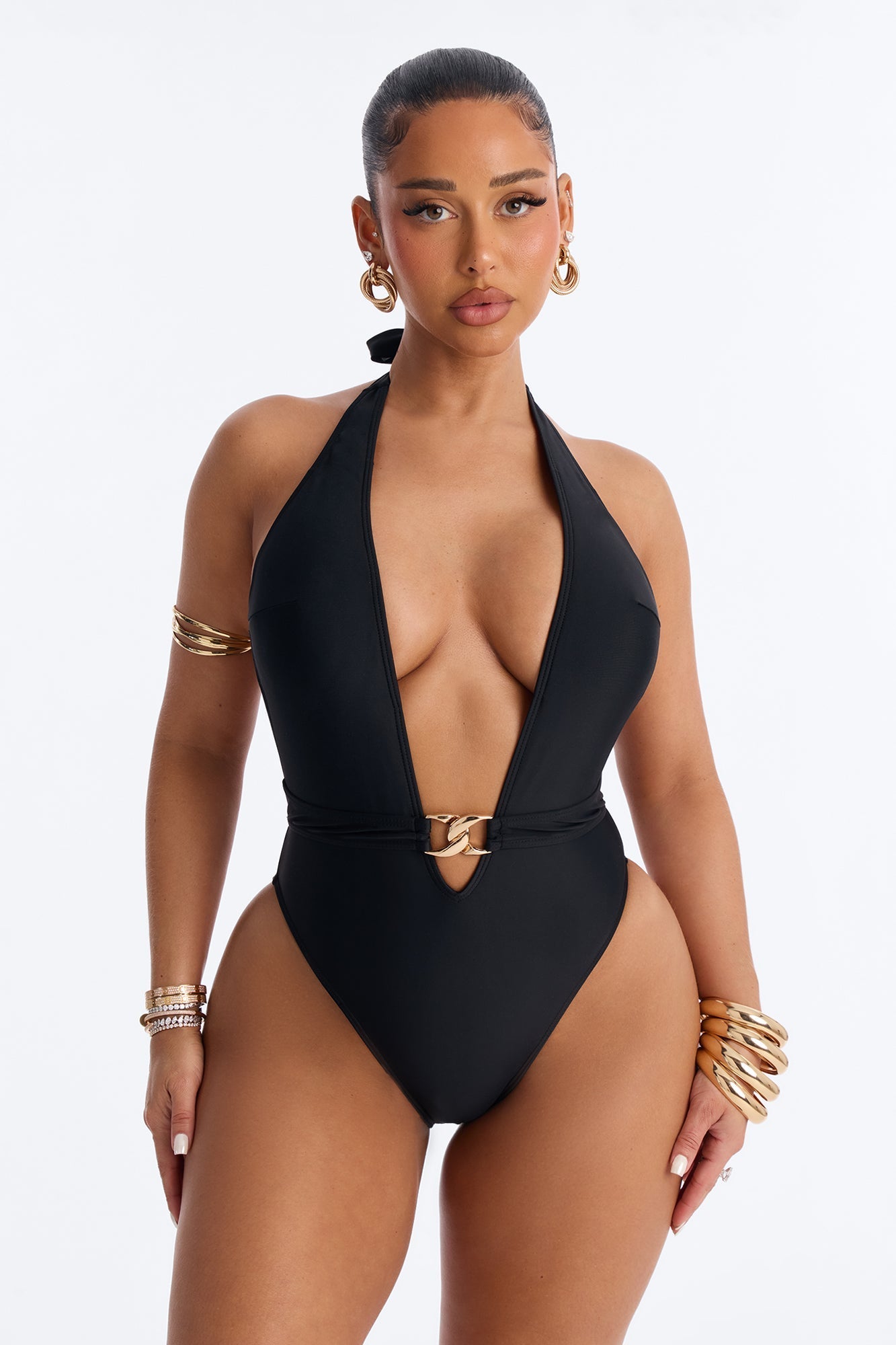 In Your Daydreams 1 Piece Halter Belted Swimsuit - Black