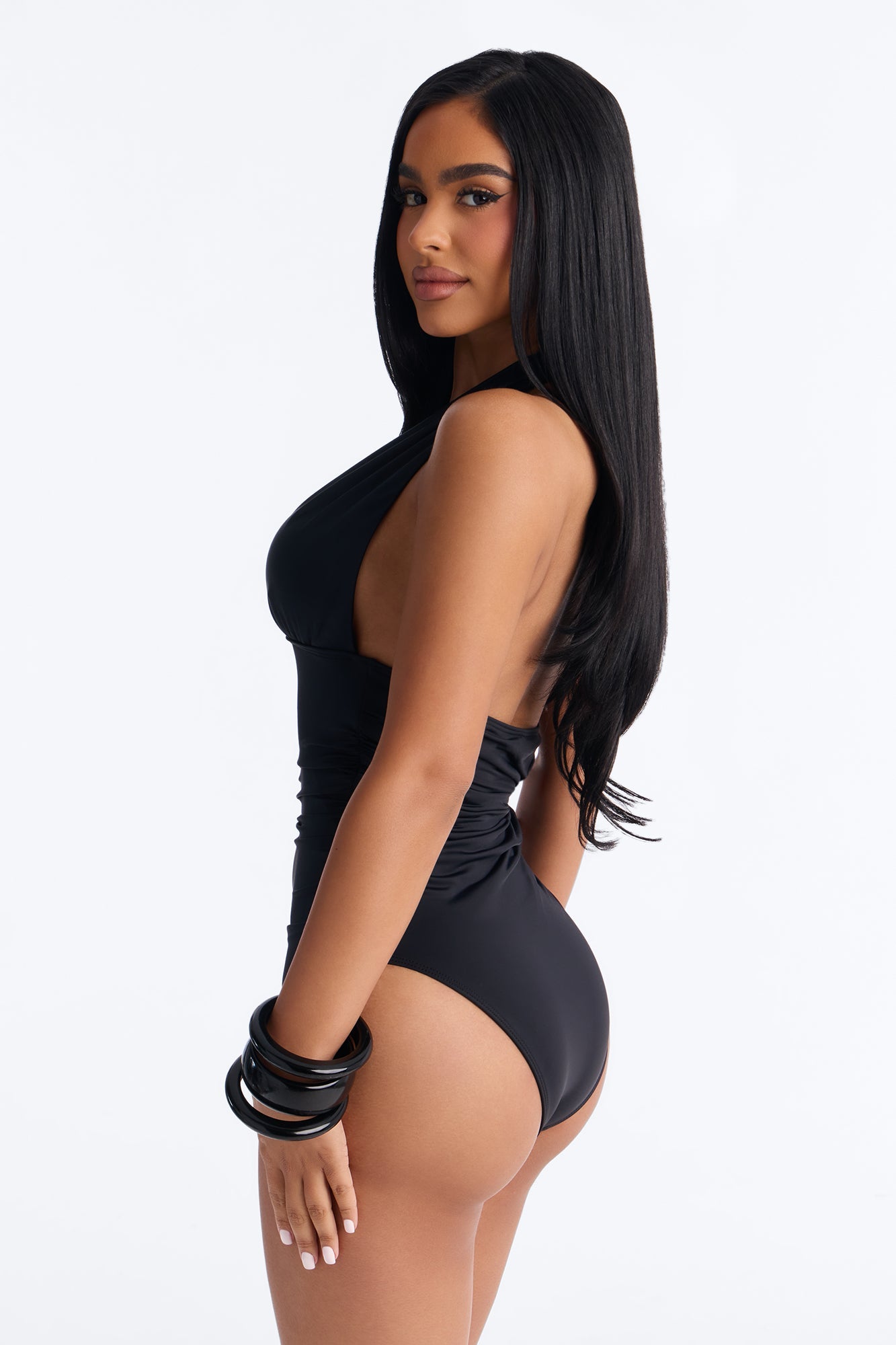 Second Skin 1 Piece Ruched Plunge Halter Swimsuit - Black