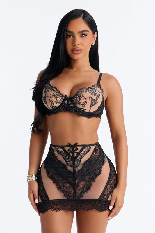 Kaira Lace 3 Piece Bra And Panty Skirt Set - Black