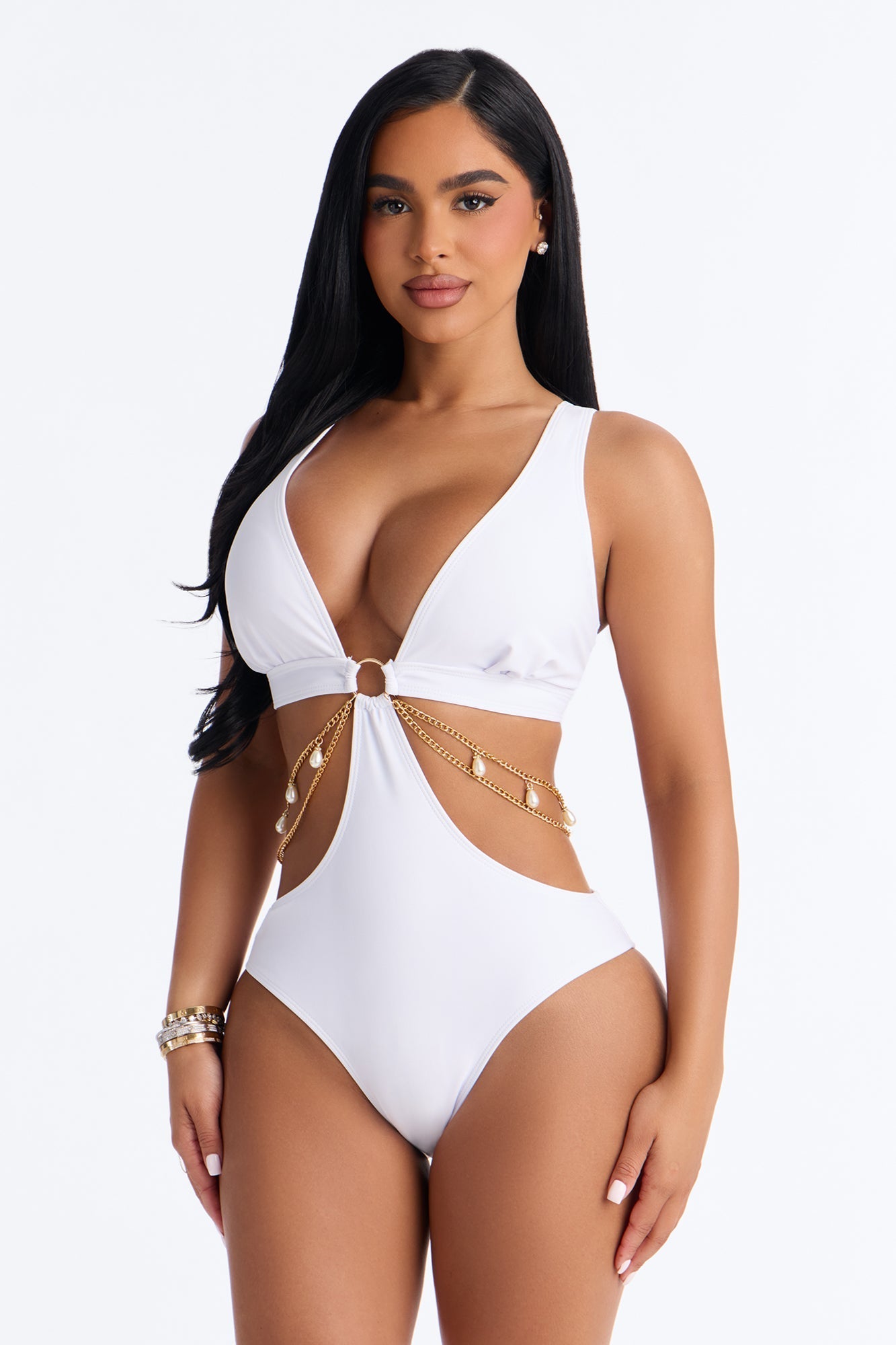 Larisa 1 Piece Cut Out Chain Swimsuit - White