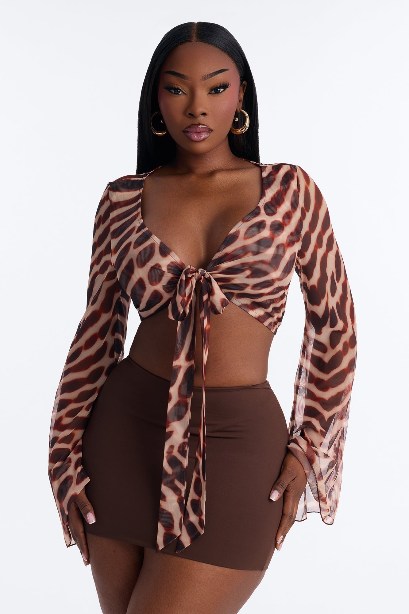Morocco Mami Abstract Mesh Tie Front Crop Top - Brown/combo