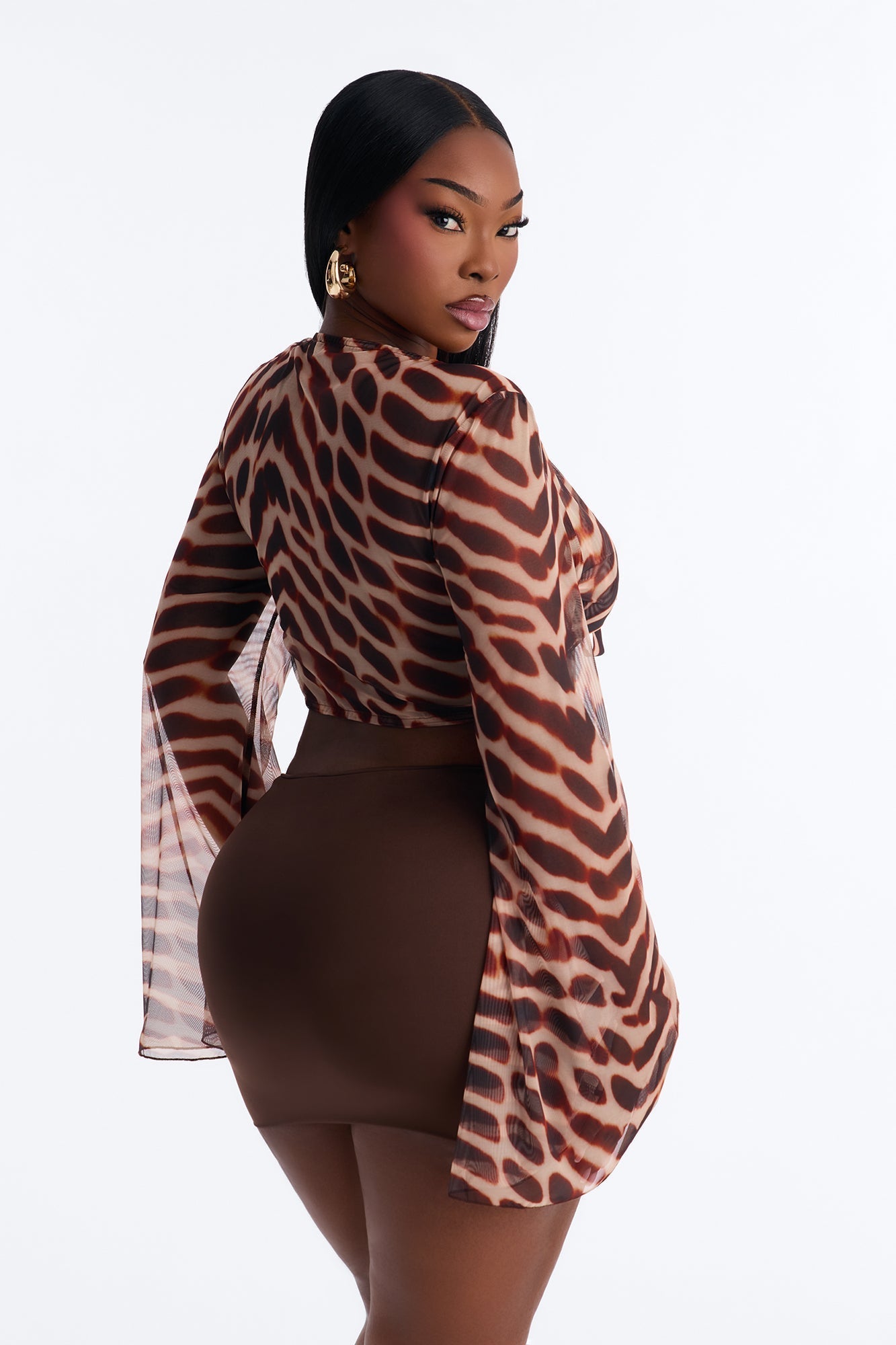 Morocco Mami Abstract Mesh Tie Front Crop Top - Brown/combo